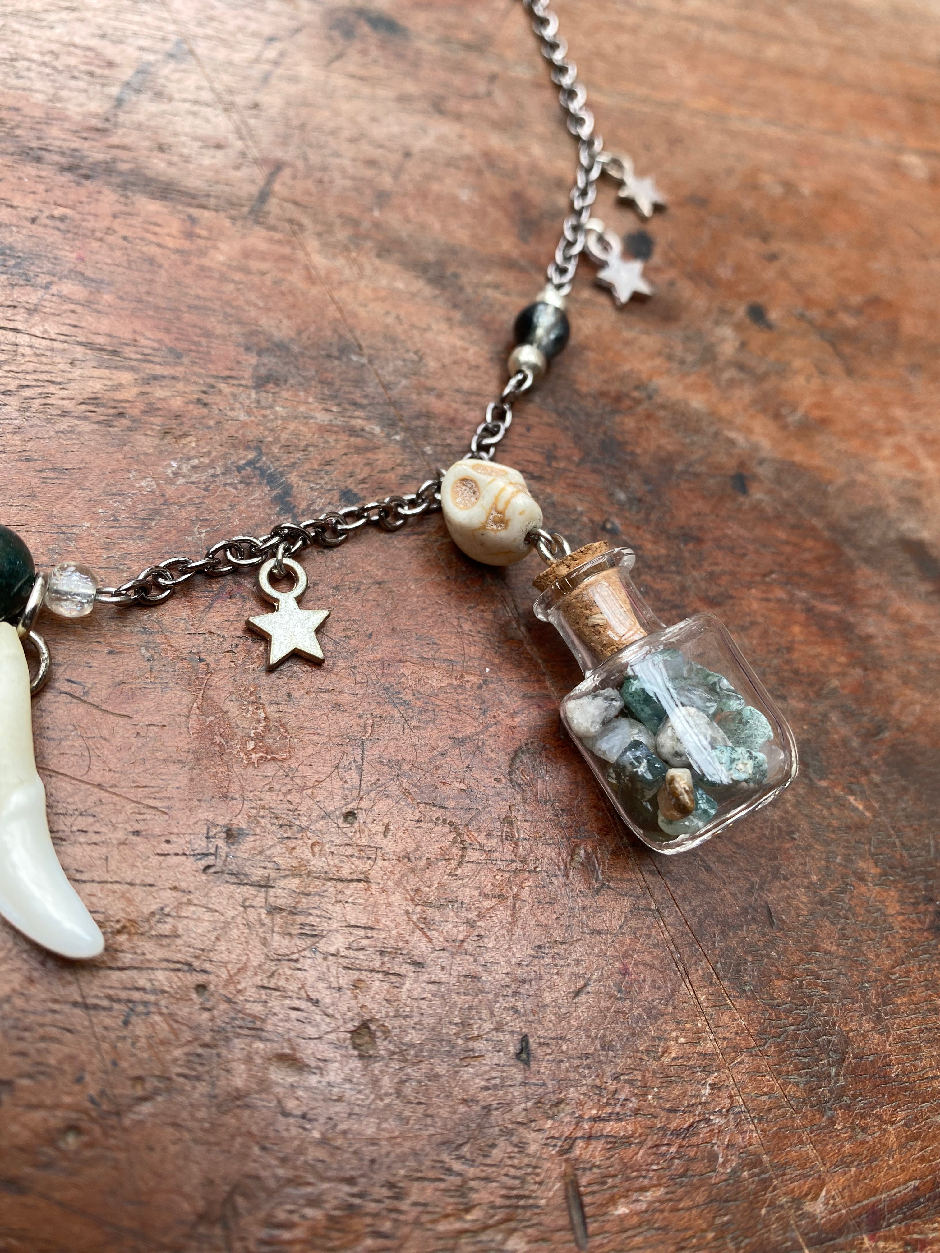 Fox Tooth and Moss Agate in Glass Vials Necklace