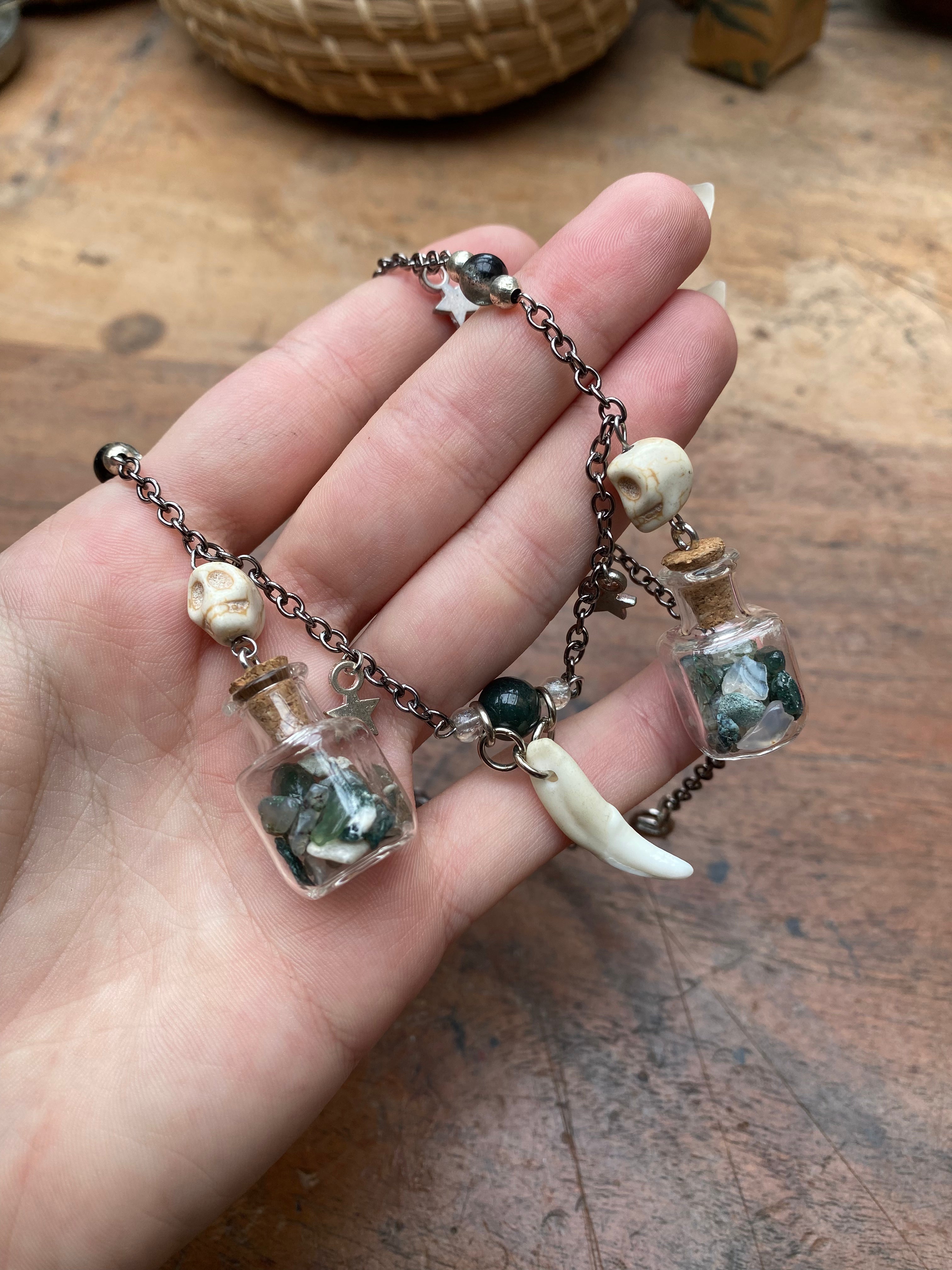 Fox Tooth and Moss Agate in Glass Vials Necklace