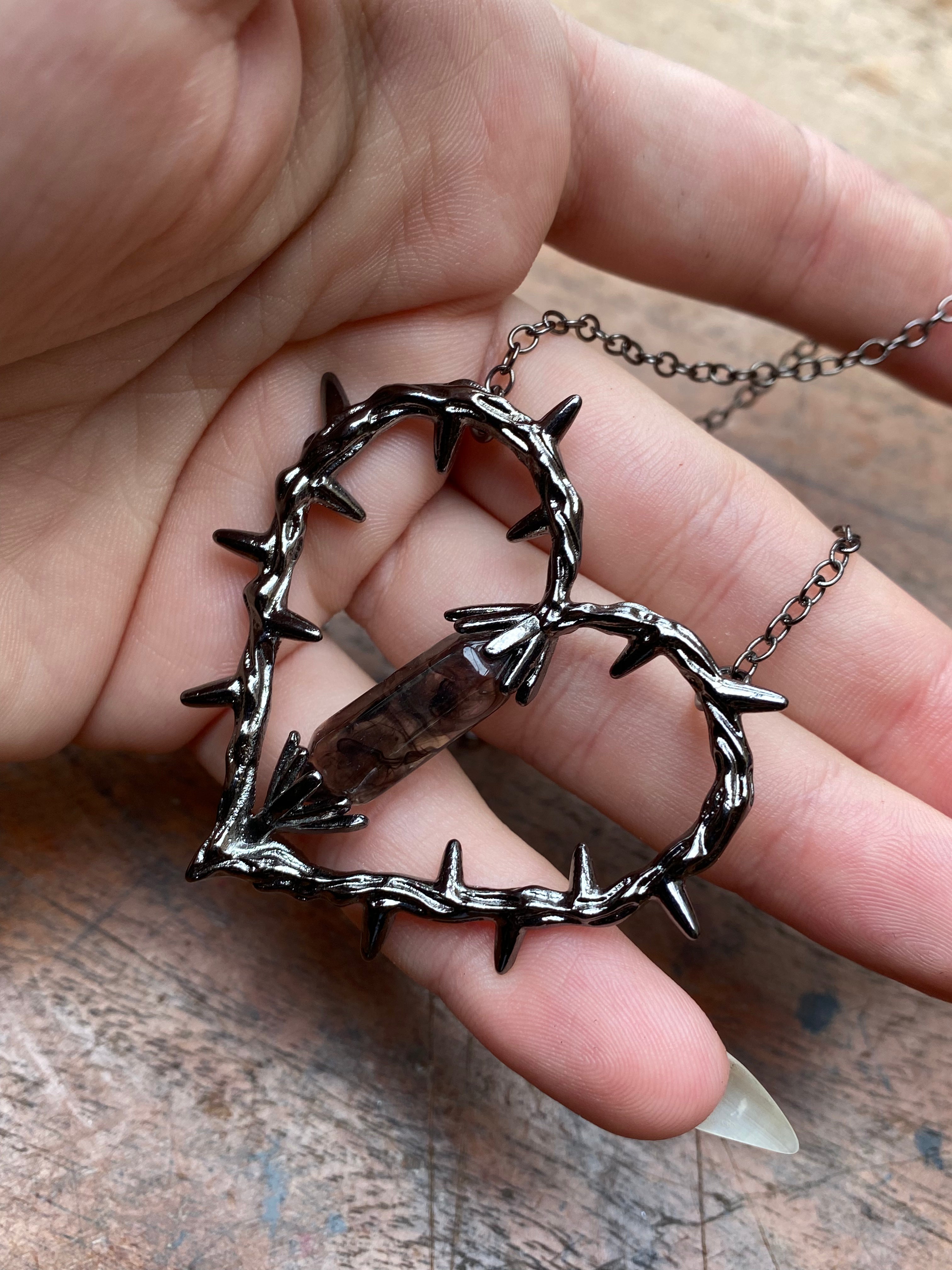 Barbed Wire Heart Pendant with Crystal Necklace