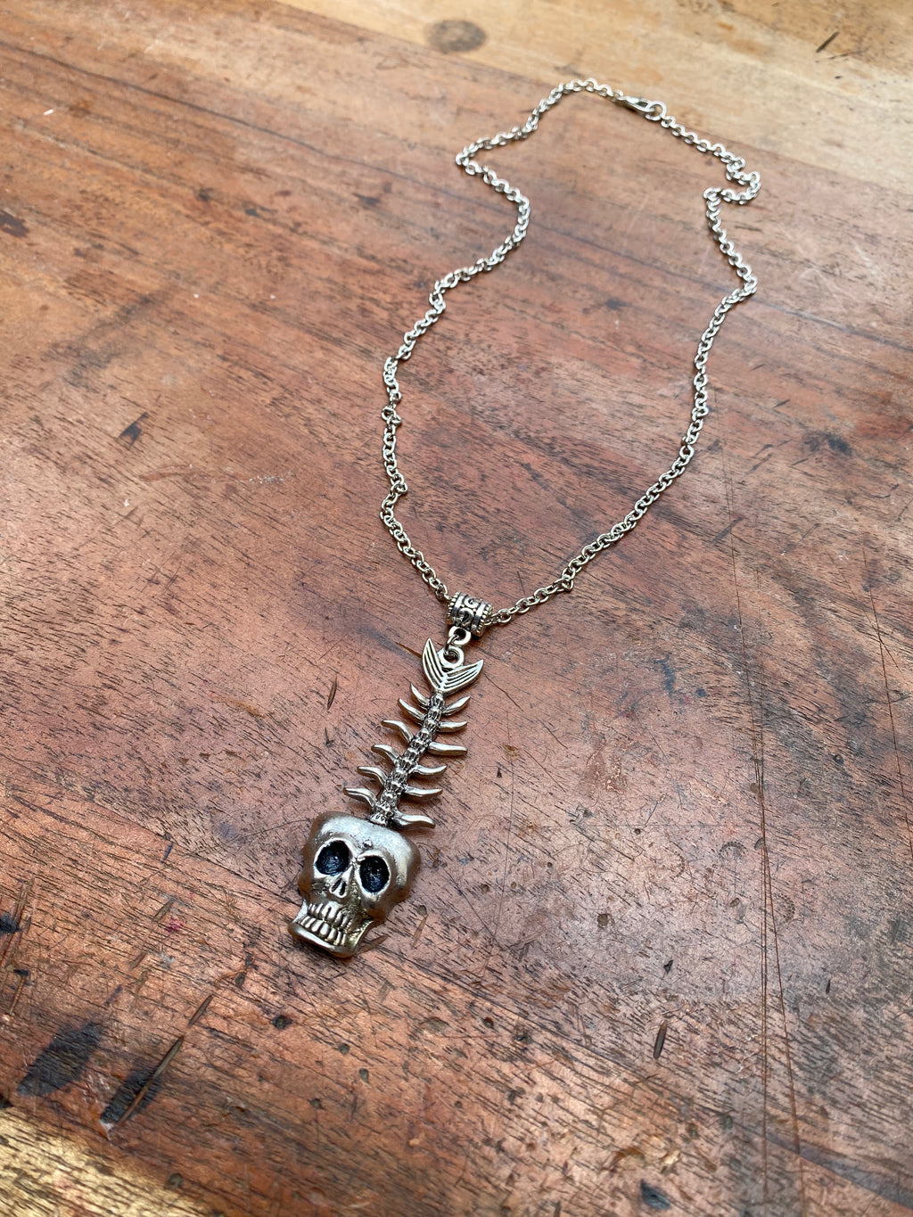 Fish Skeleton and Skull Pendant Necklace