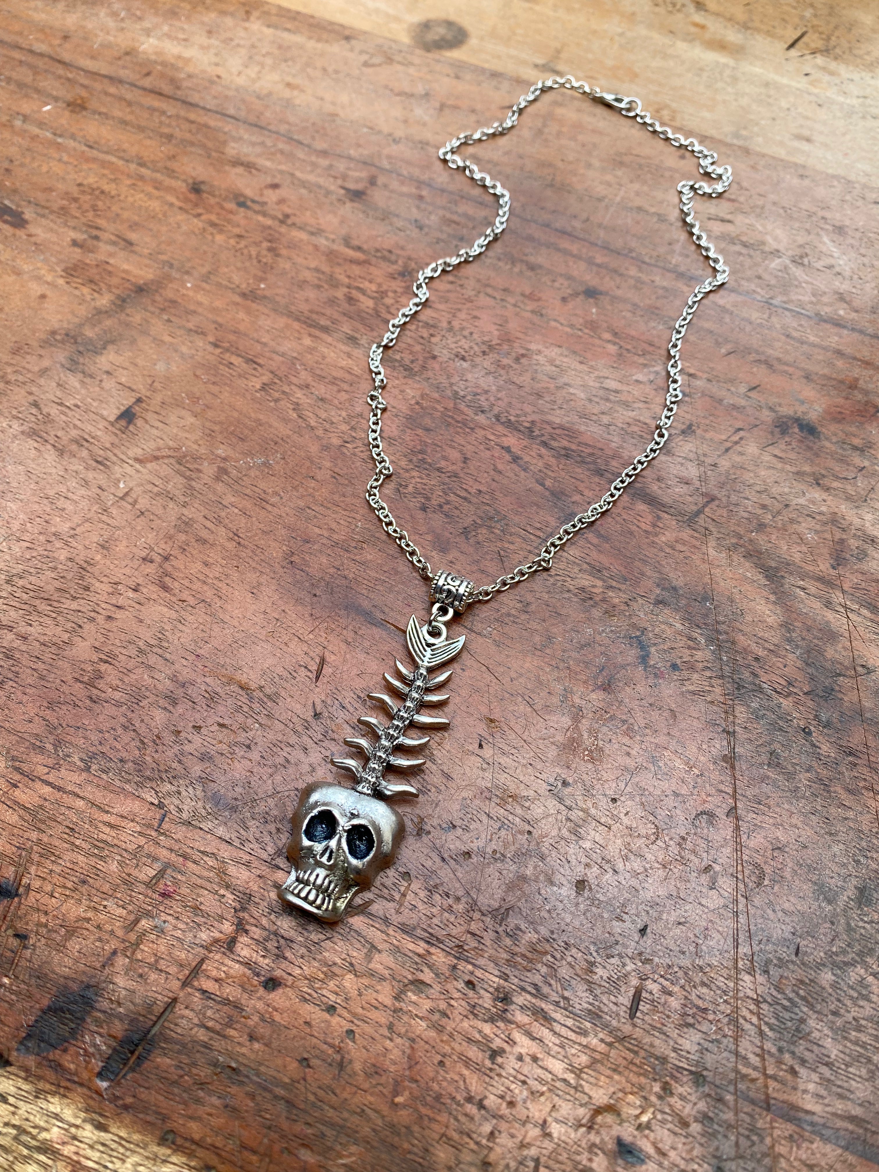 Fish Skeleton and Skull Pendant Necklace