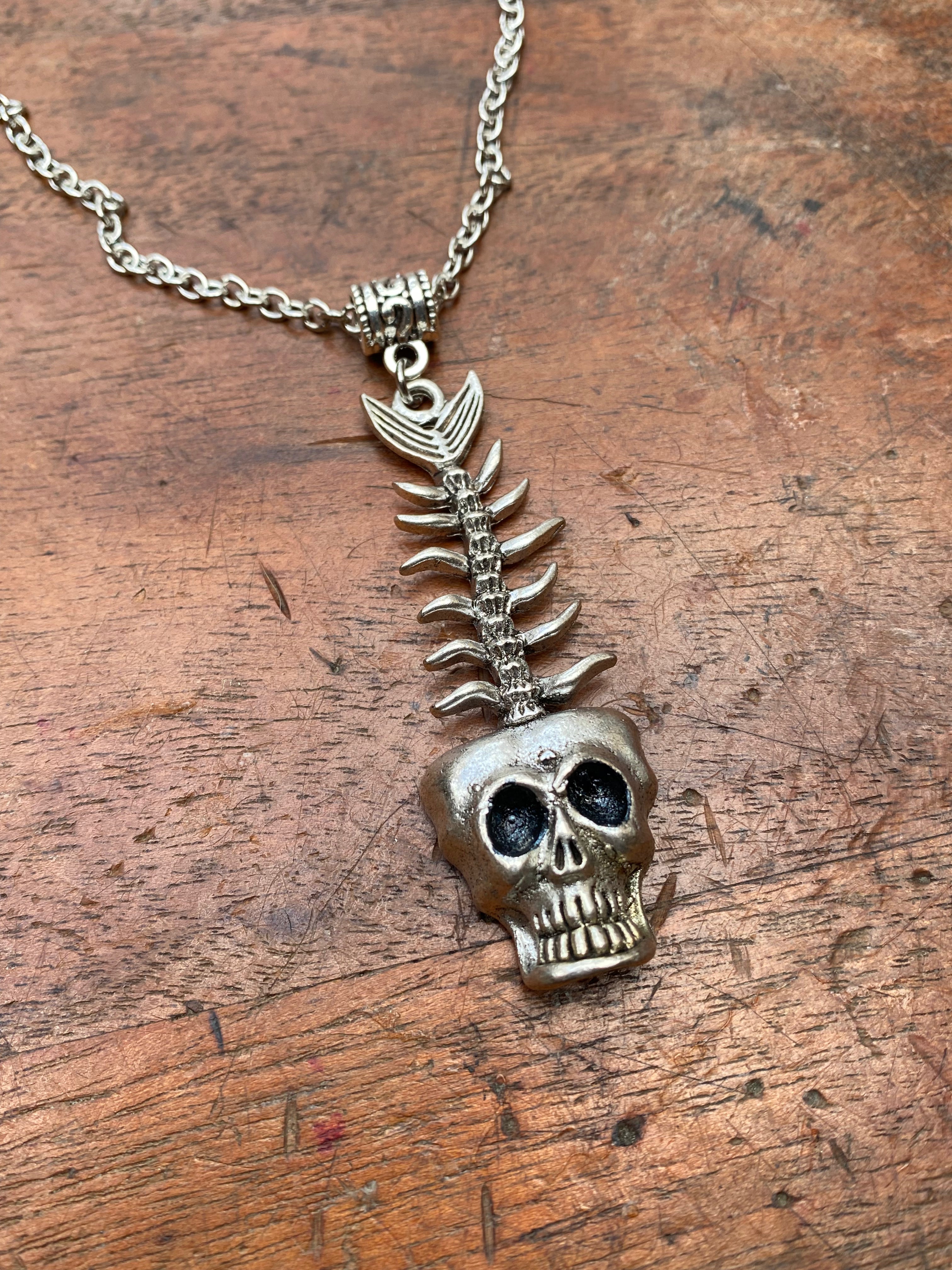 Fish Skeleton and Skull Pendant Necklace