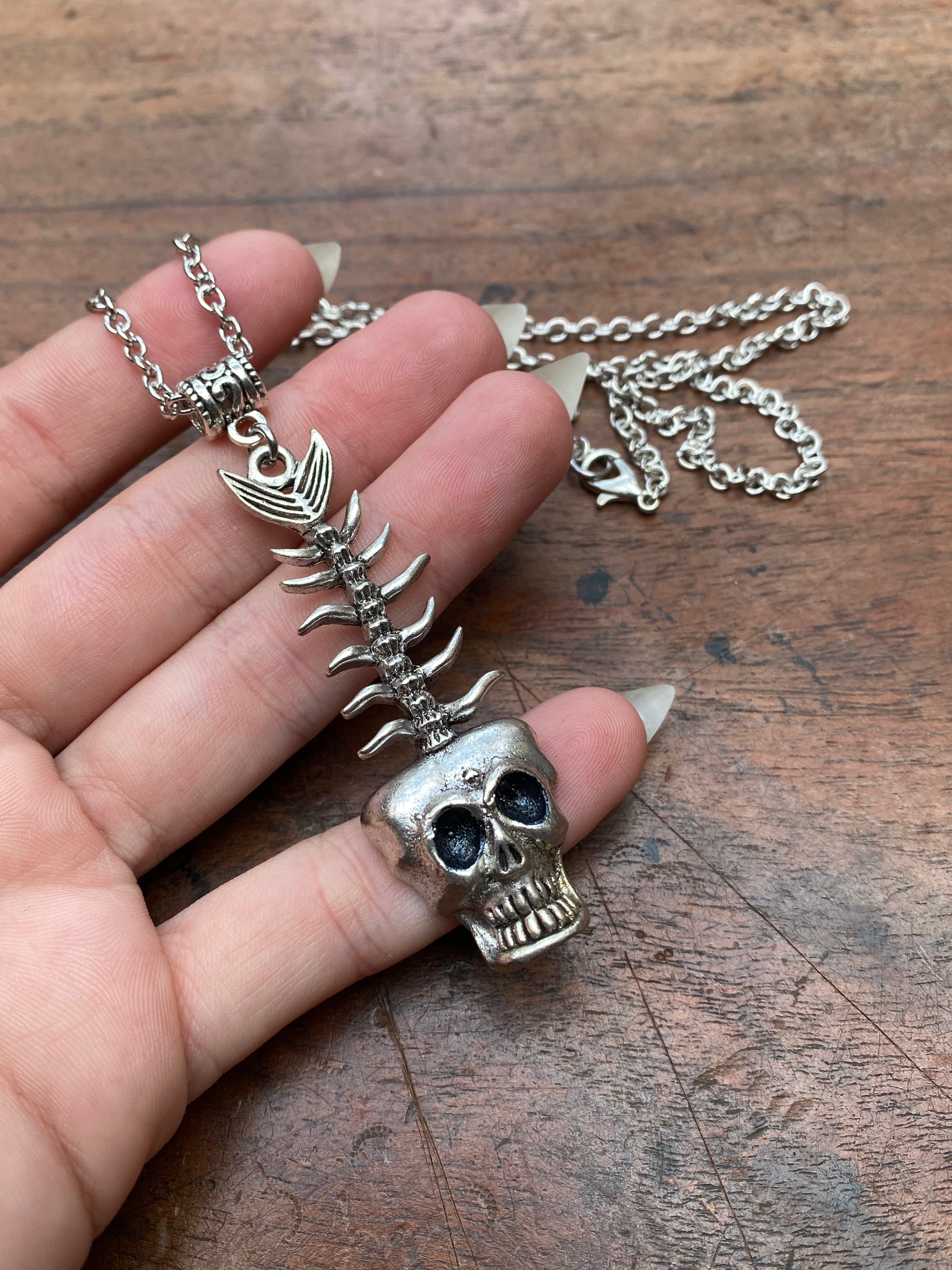 Fish Skeleton and Skull Pendant Necklace
