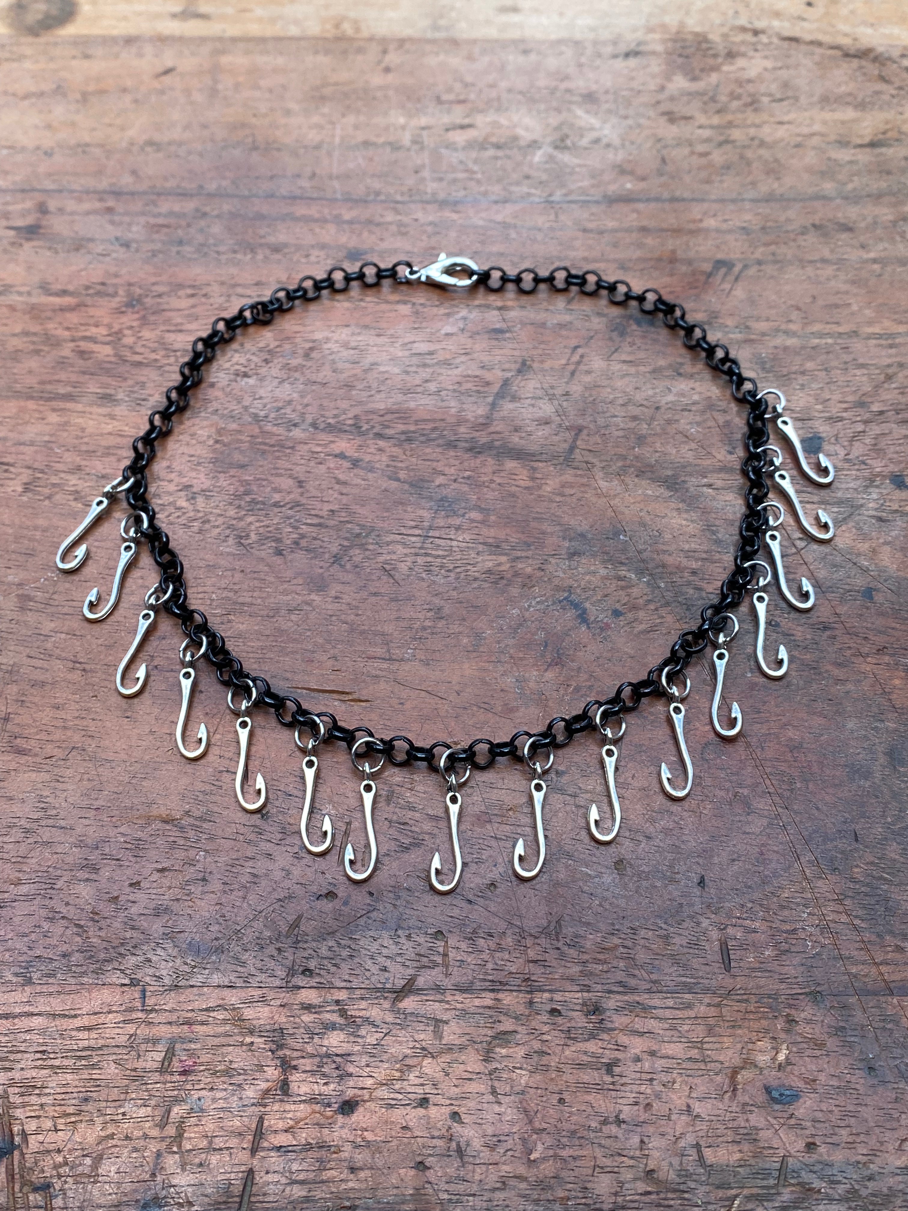 Fish Hook on Black Chain Choker Necklace