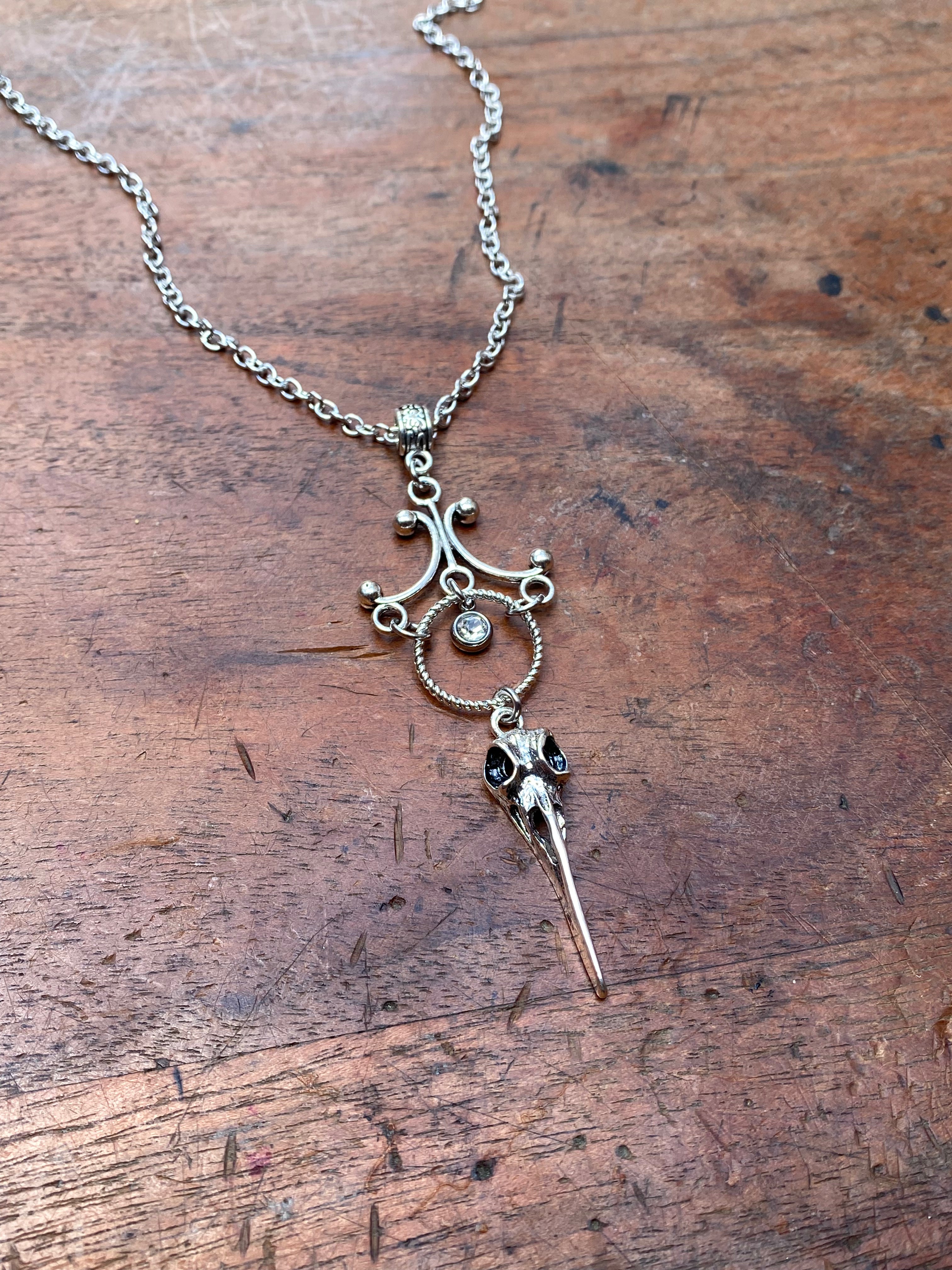 Bird Skull and Crystal Pendant Necklace