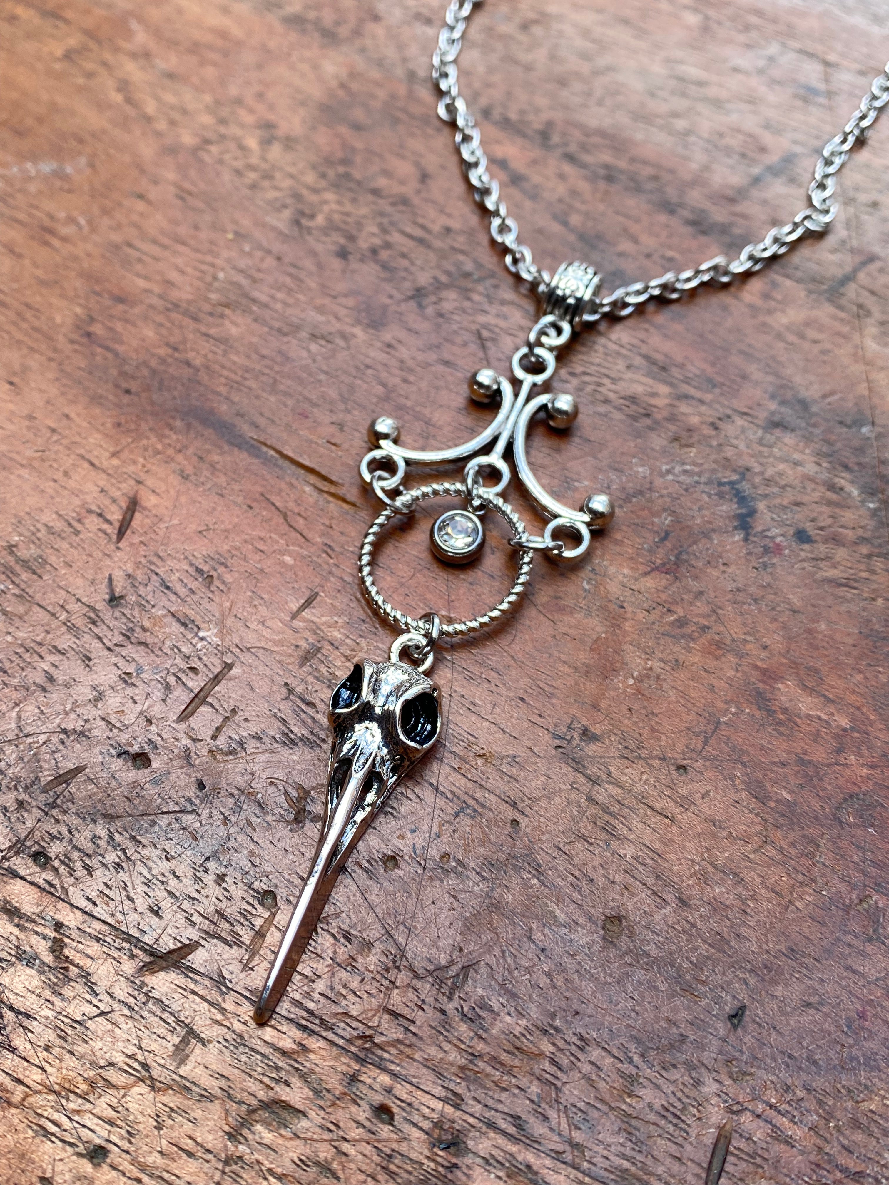 Bird Skull and Crystal Pendant Necklace