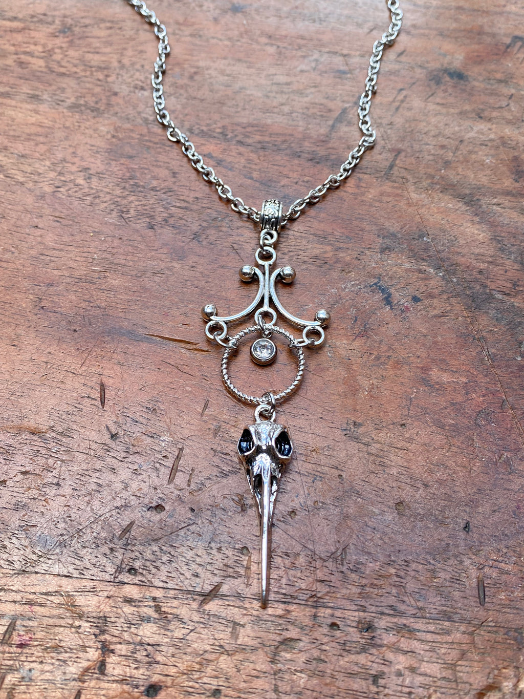 Bird Skull and Crystal Pendant Necklace
