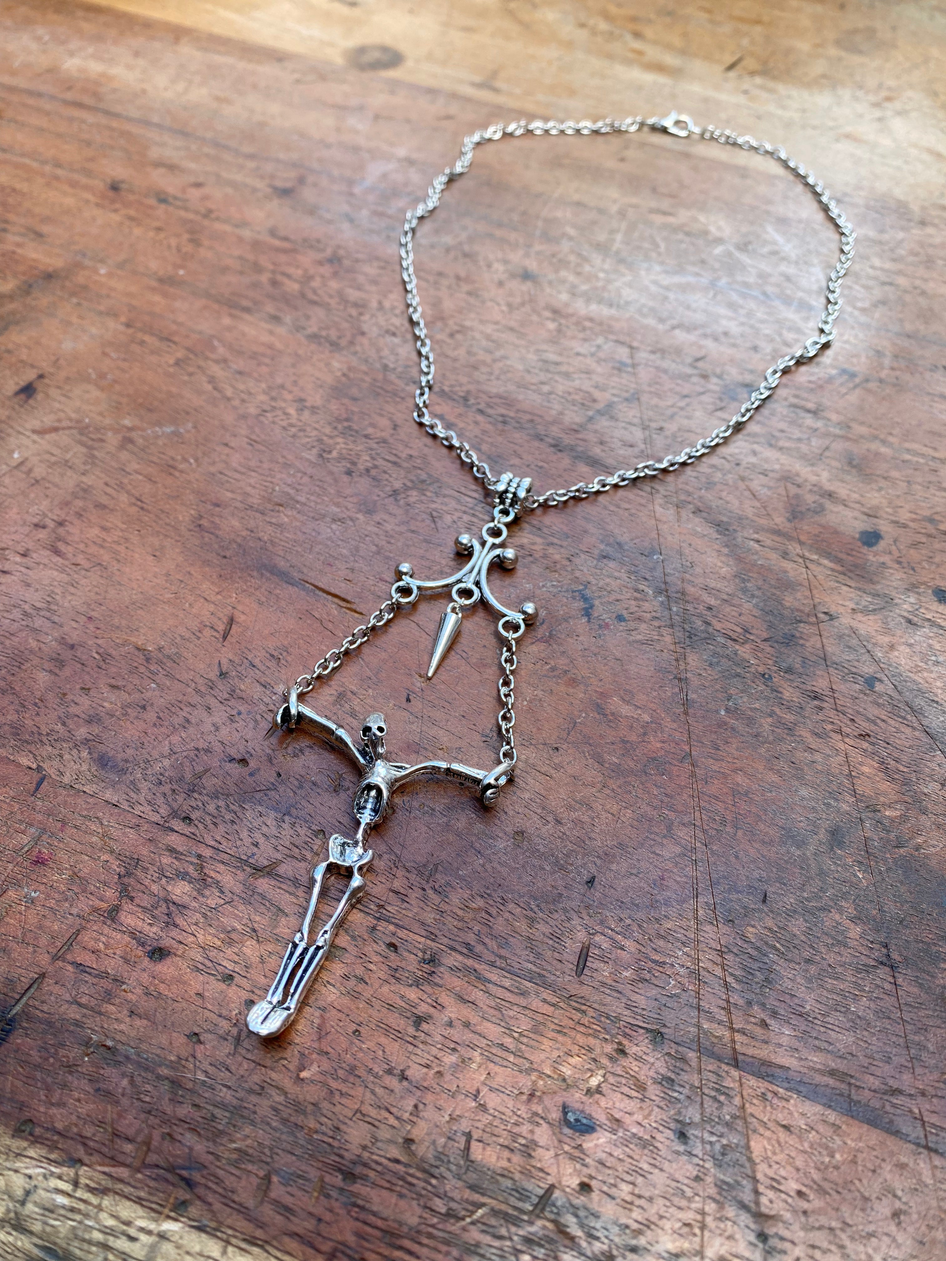 Hanging Skeleton and Spike Pendant Necklace