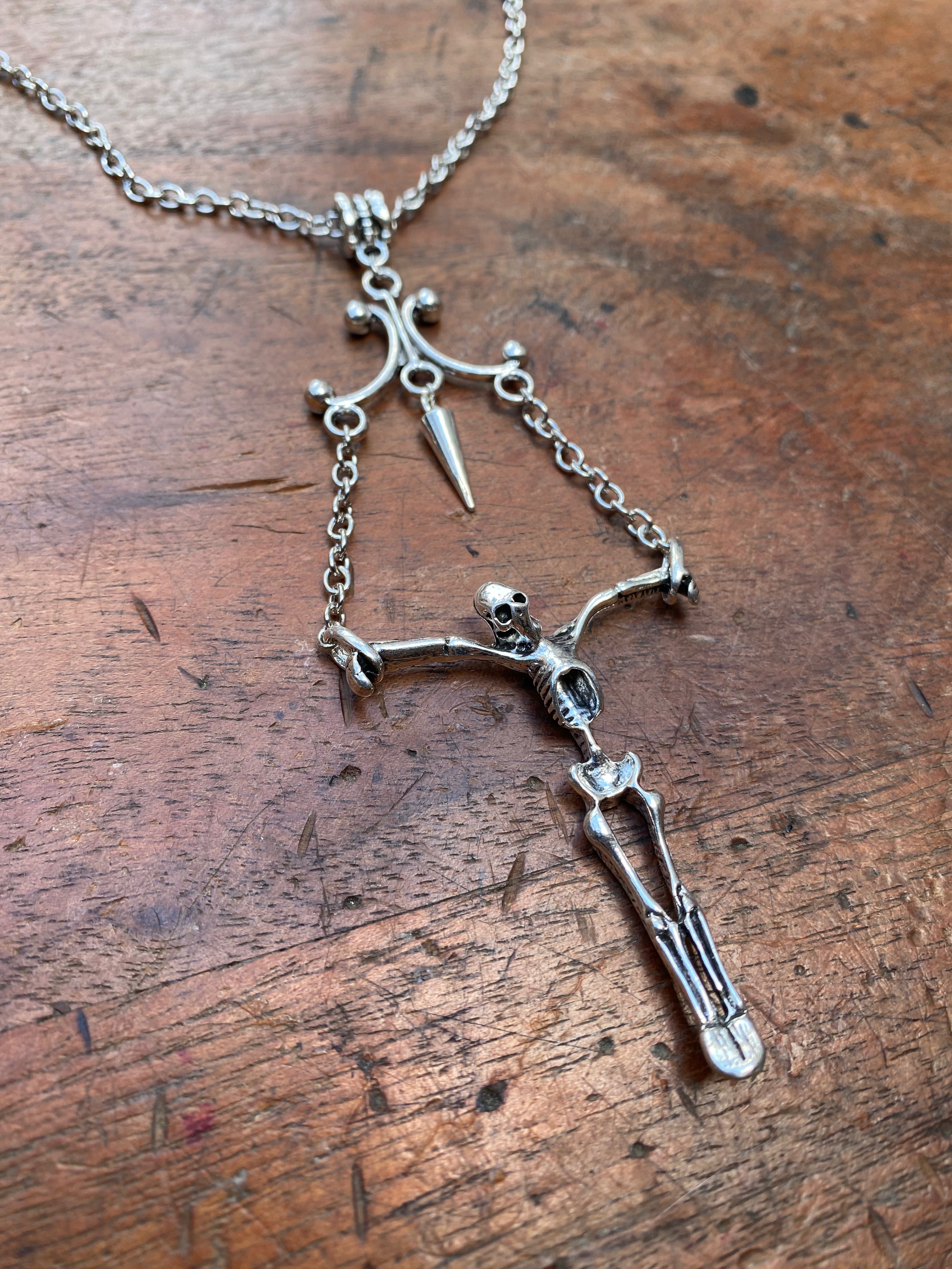 Hanging Skeleton and Spike Pendant Necklace