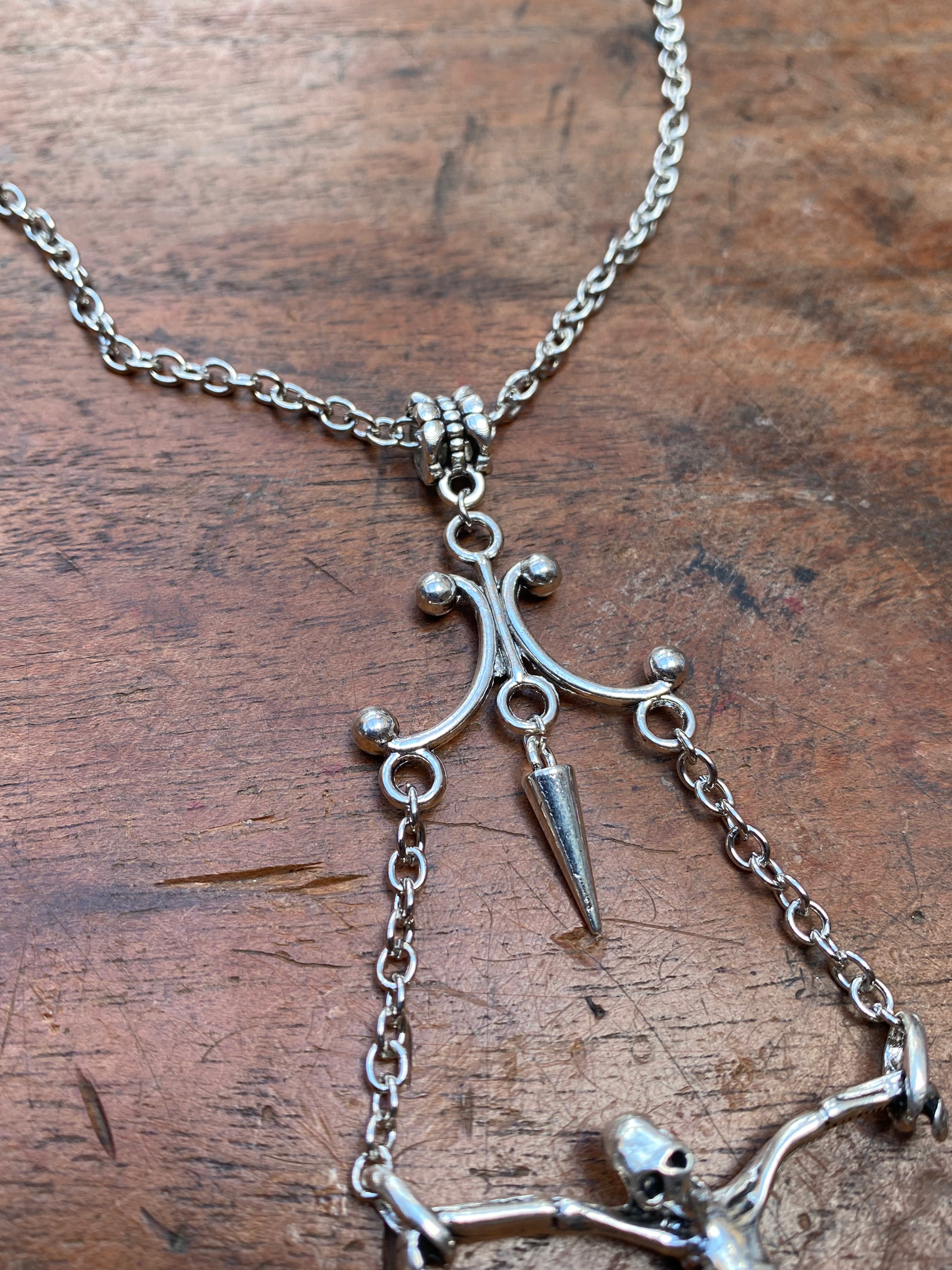 Hanging Skeleton and Spike Pendant Necklace