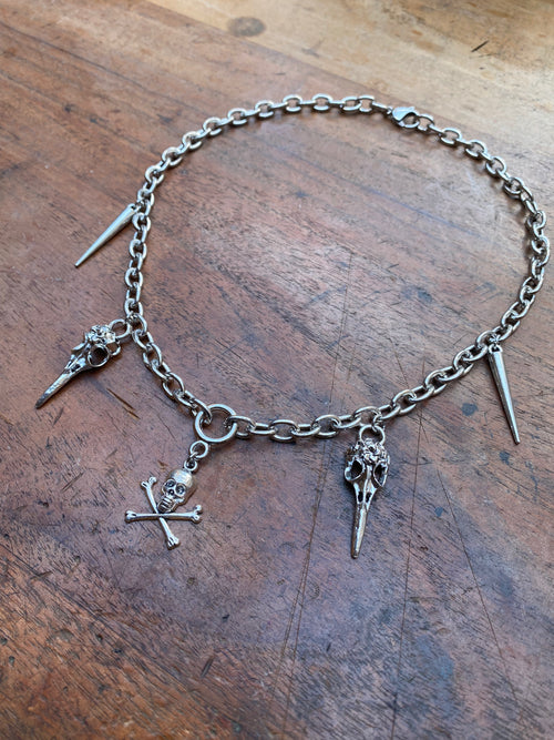 Chunky Crossbones and Bird Skulls Chain Necklace