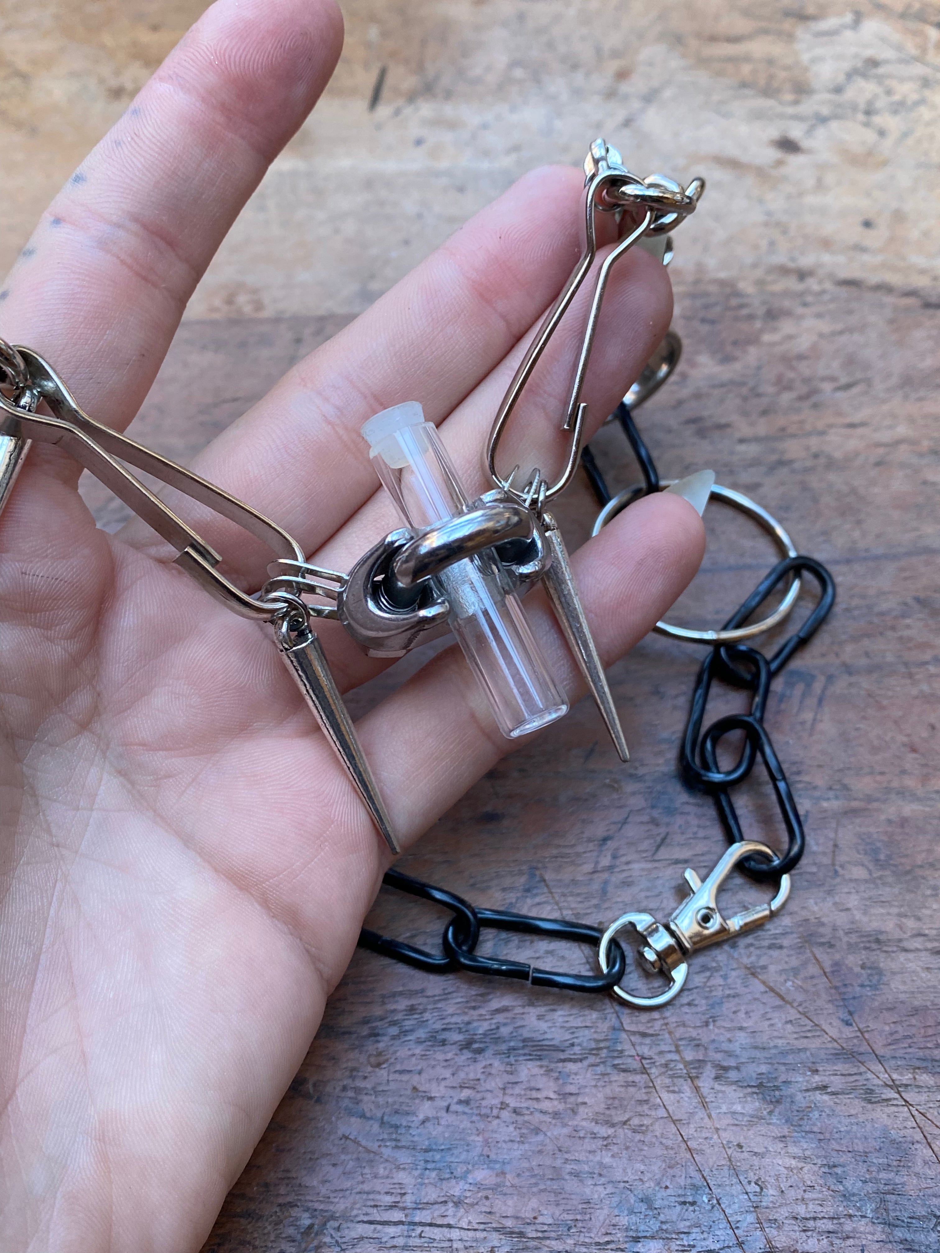 Openable Vial on a Chunky Black and Silver Chains Necklace