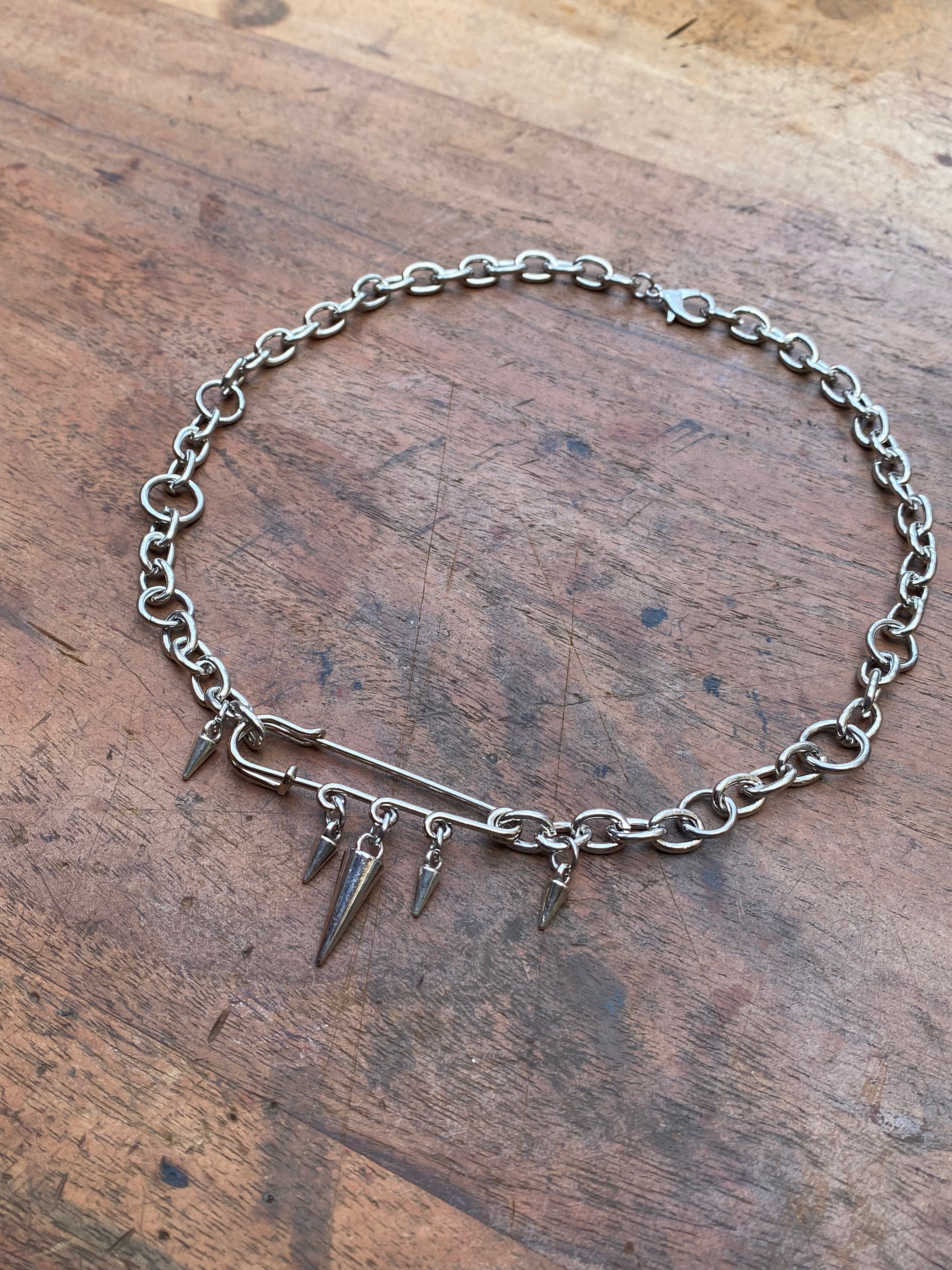 Safety Pin and Spikes Chain Necklace