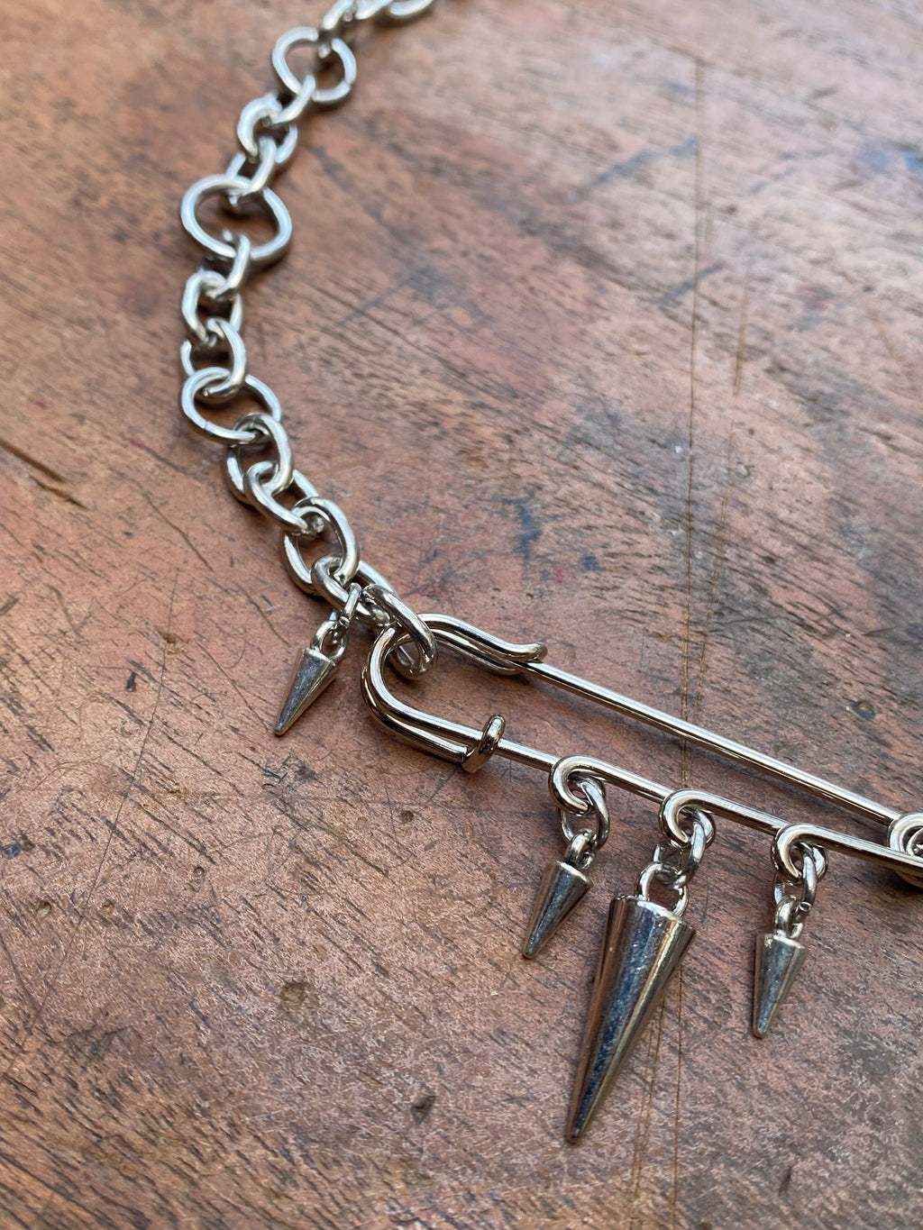 Safety Pin and Spikes Chain Necklace