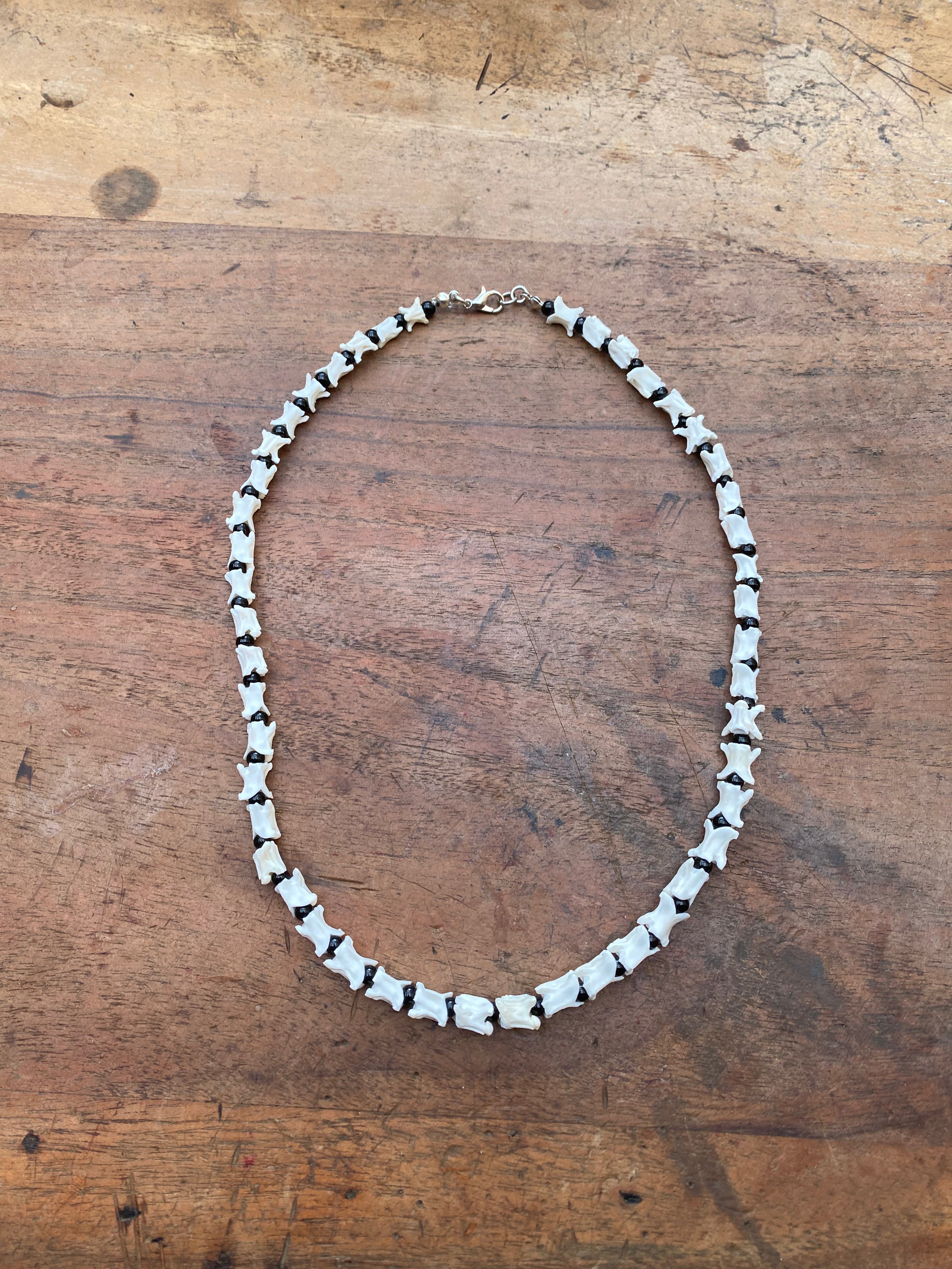 Snake Vertebrae and Black Beads Necklace