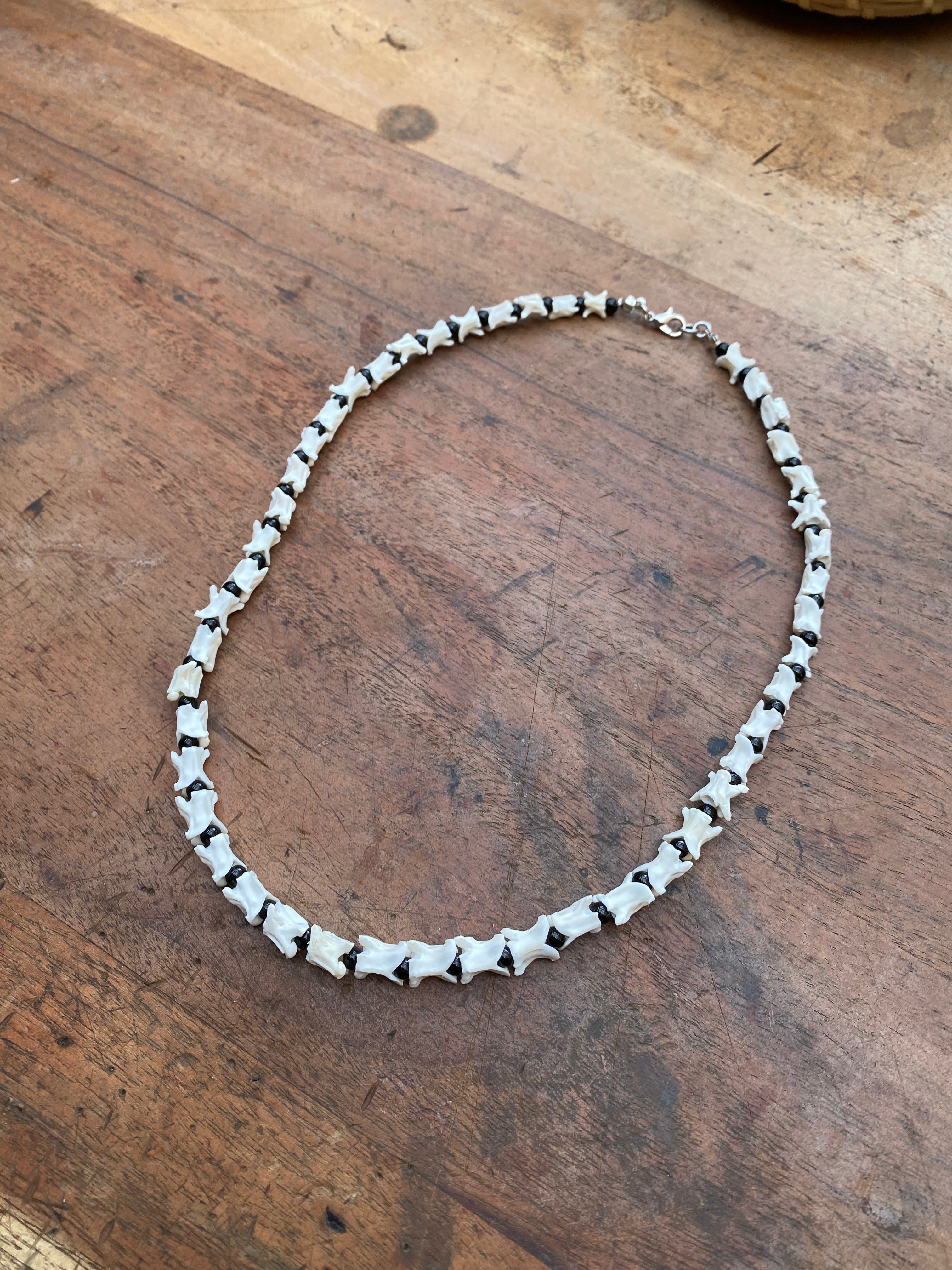 Snake Vertebrae and Black Beads Necklace