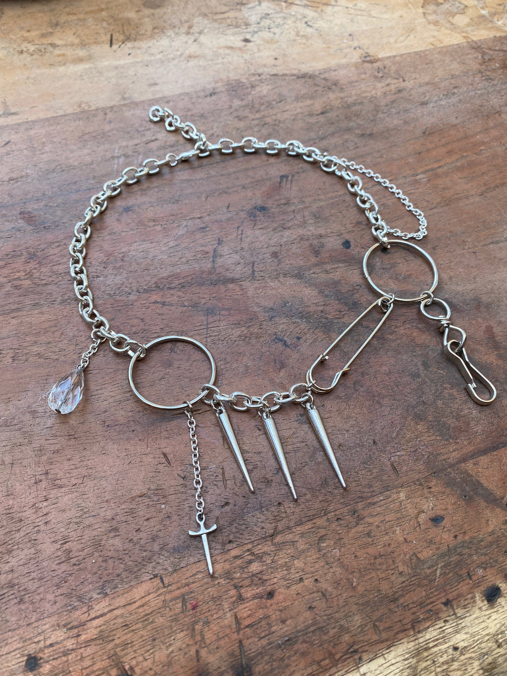 Asymmetrical Safety Pin, Spikes and Rings Necklace
