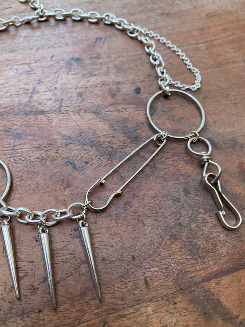 Asymmetrical Safety Pin, Spikes and Rings Necklace