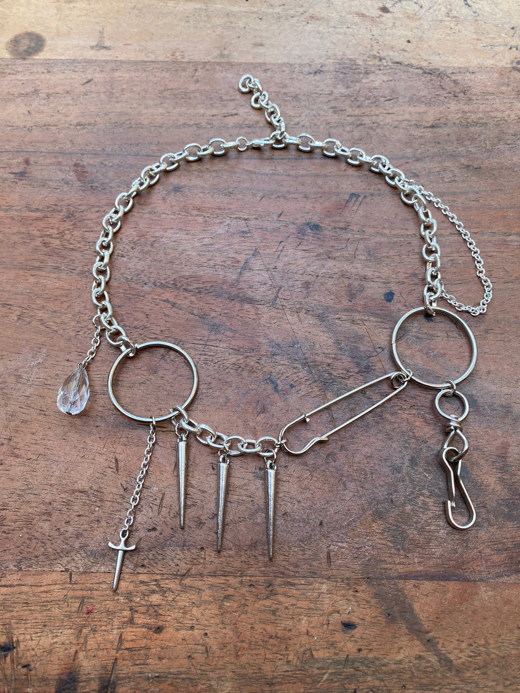 Asymmetrical Safety Pin, Spikes and Rings Necklace