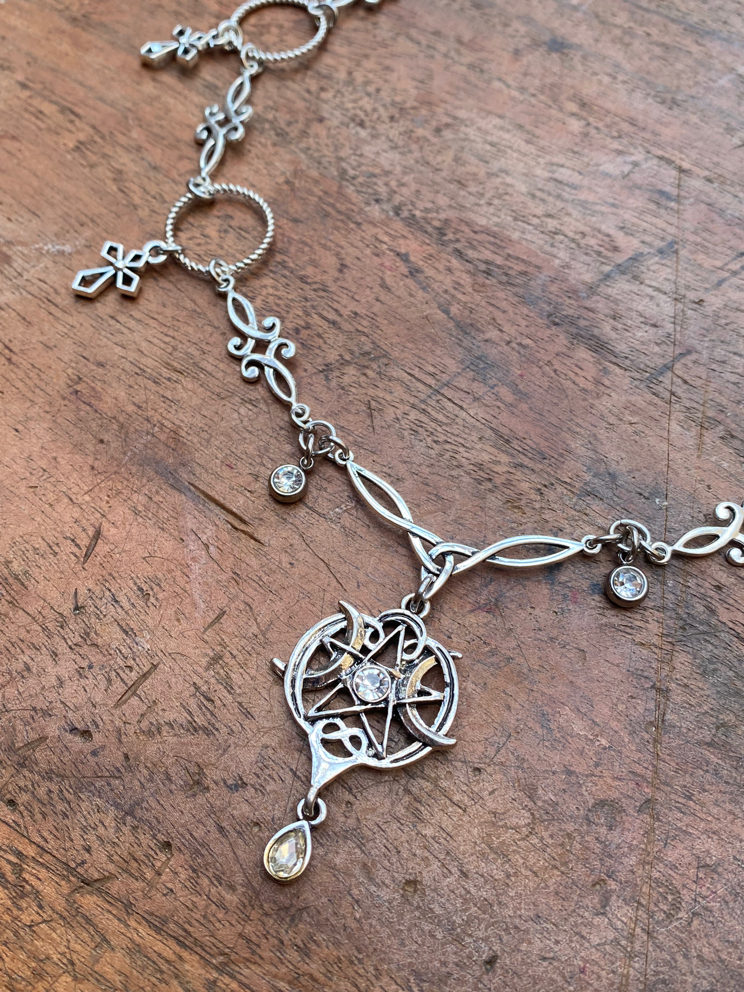 Pentagram with Moons and Crosses Necklace