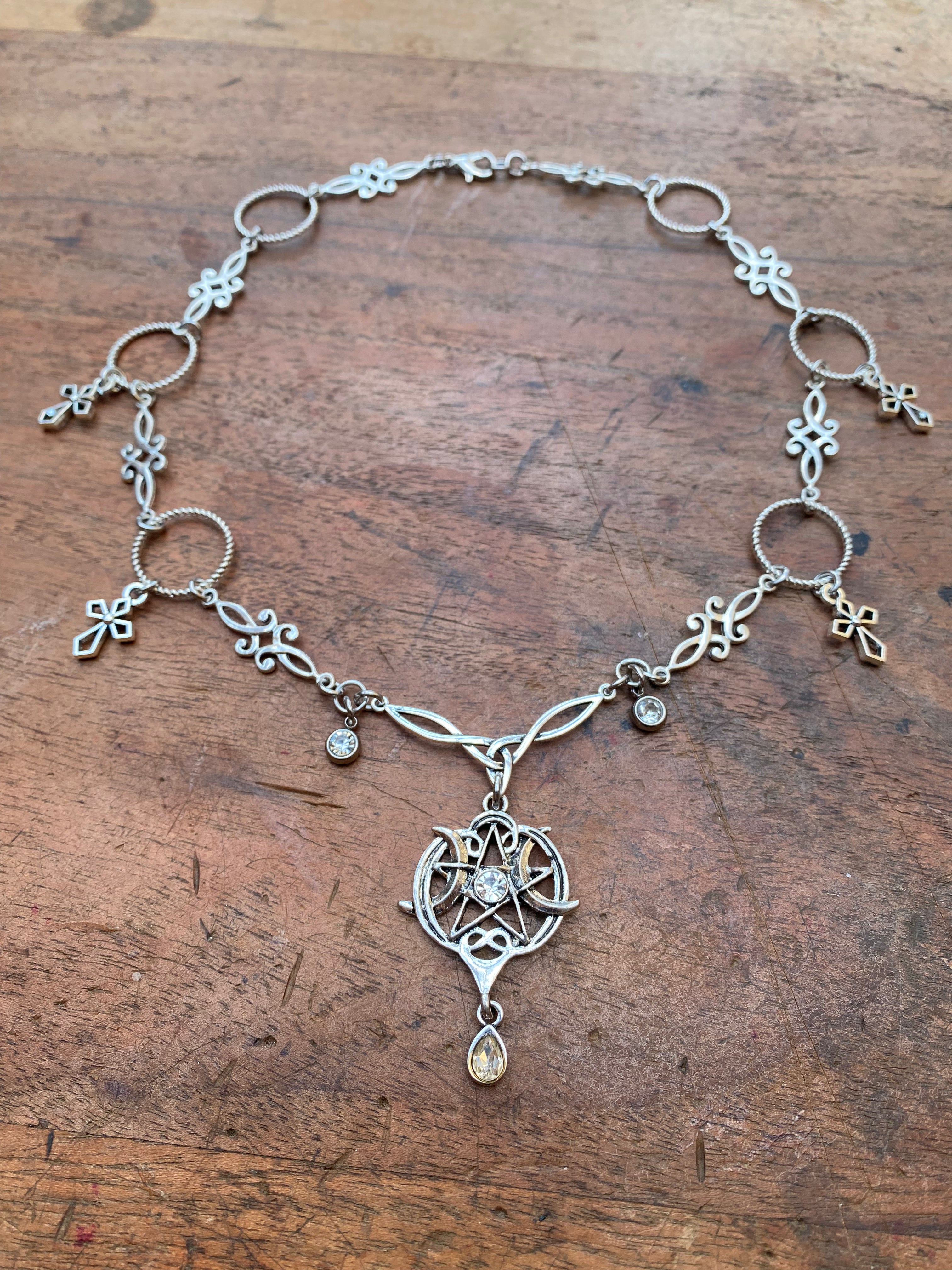 Pentagram with Moons and Crosses Necklace