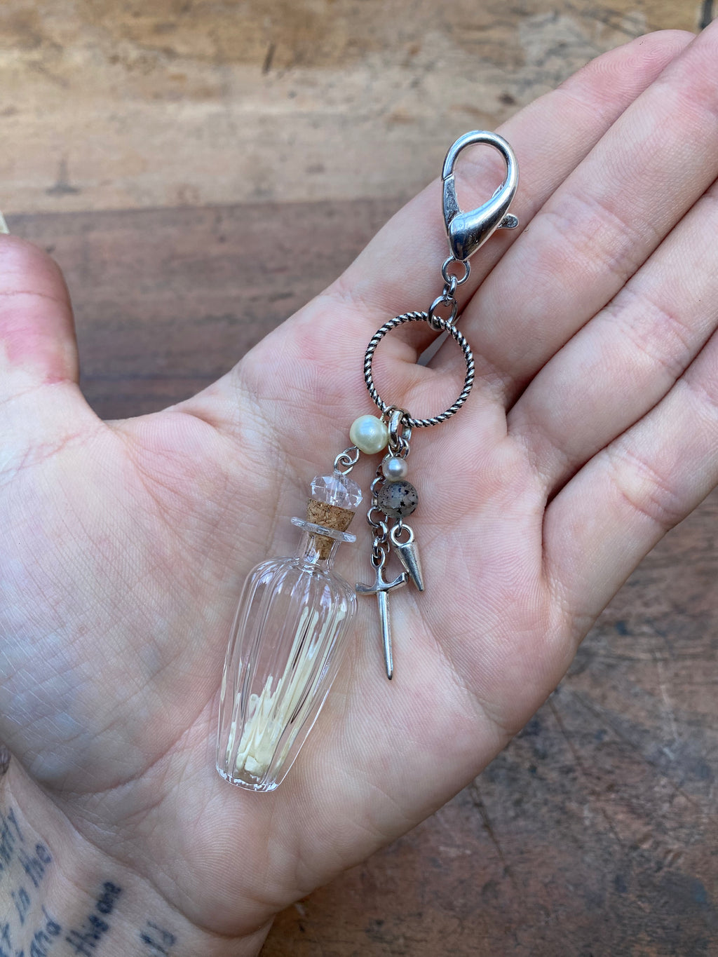 Glass Vial with Squirrel Bones Keychain