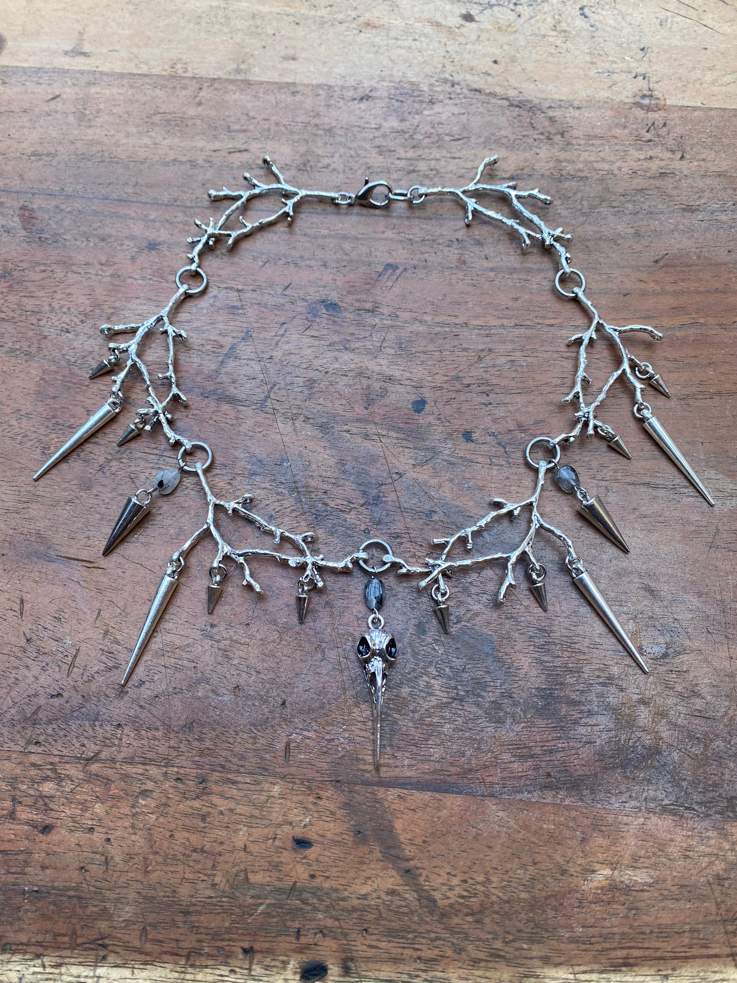 Branches, Spikes and Bird Skull with Rutilated Quartz Necklace
