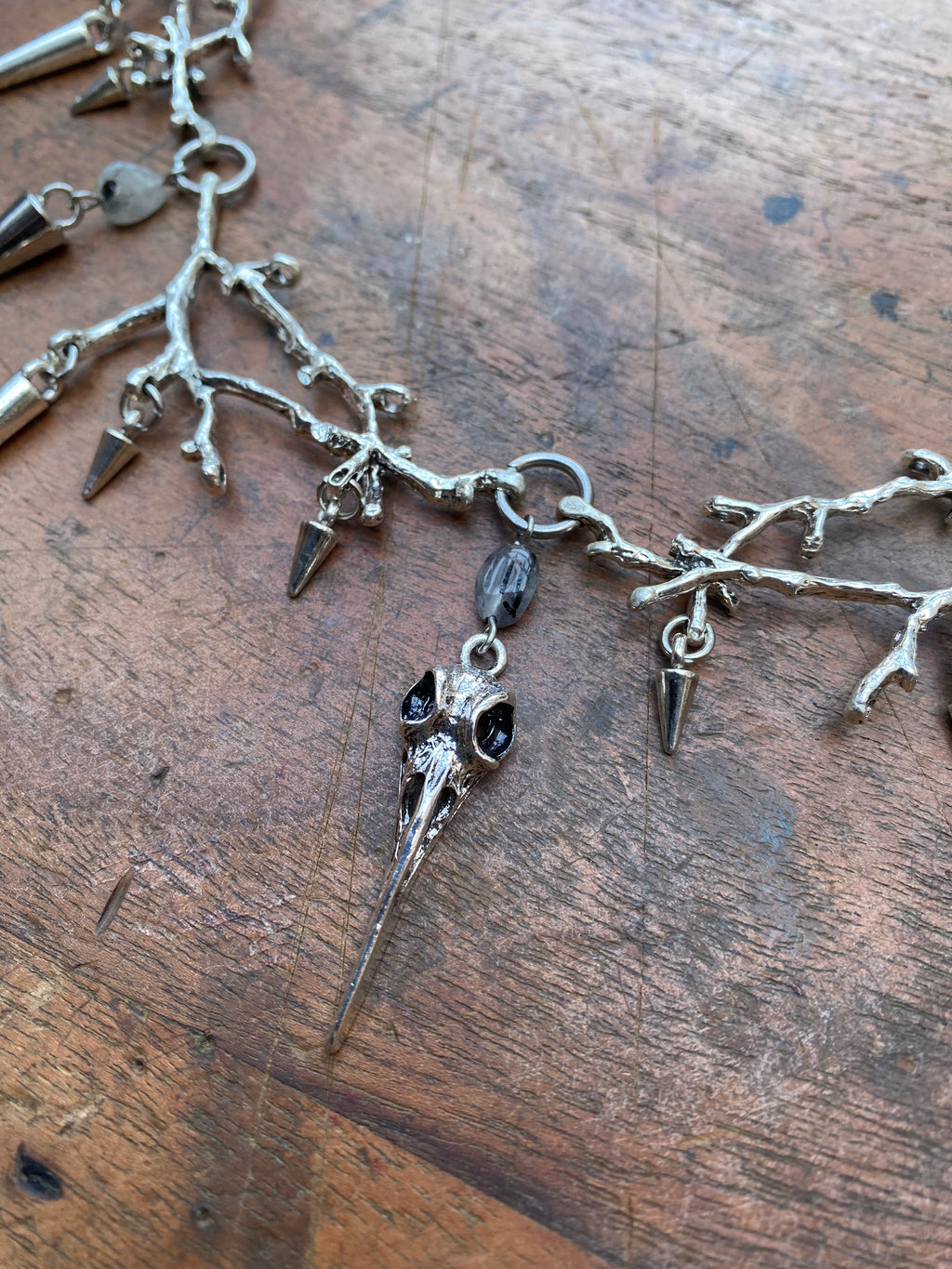 Branches, Spikes and Bird Skull with Rutilated Quartz Necklace