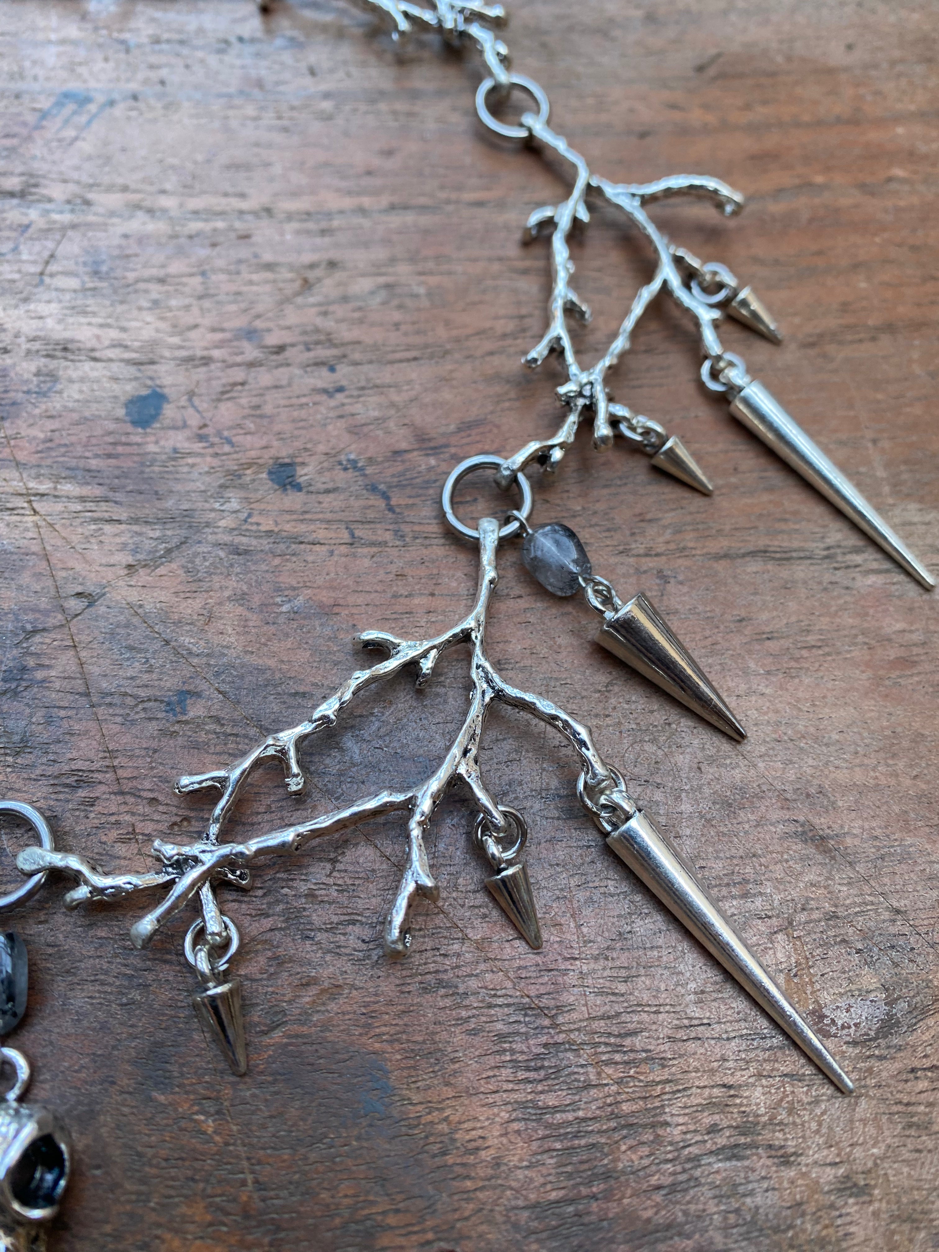 Branches, Spikes and Bird Skull with Rutilated Quartz Necklace