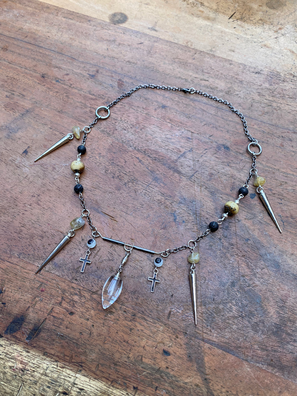 Openable Glass Vial with Gold Rutilated Quartz and Volcanic Rock Necklace