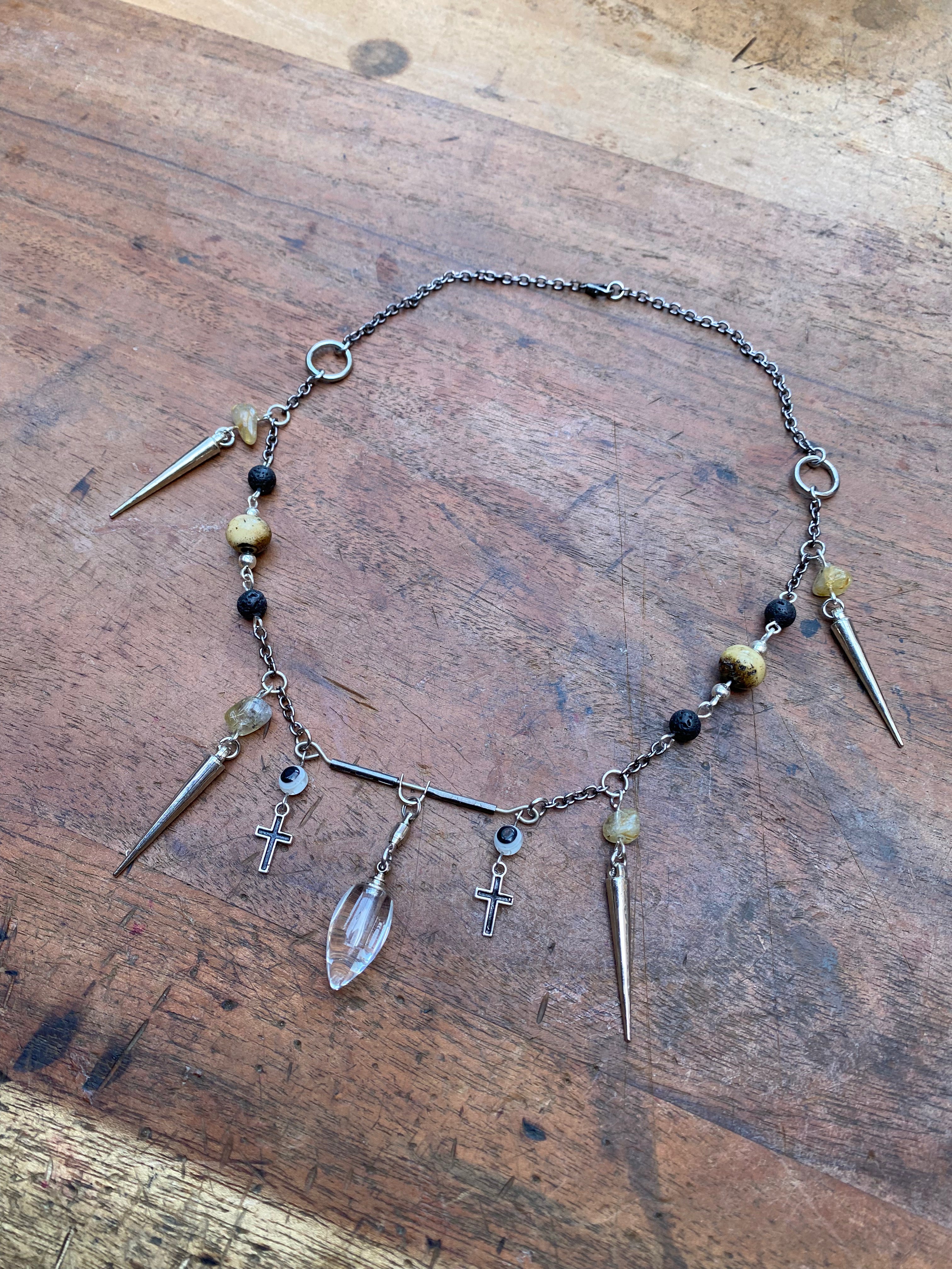 Openable Glass Vial with Gold Rutilated Quartz and Volcanic Rock Necklace