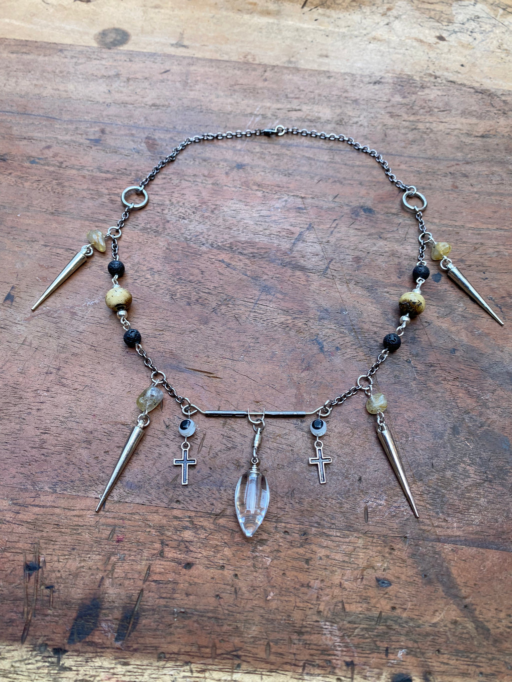 Openable Glass Vial with Gold Rutilated Quartz and Volcanic Rock Necklace