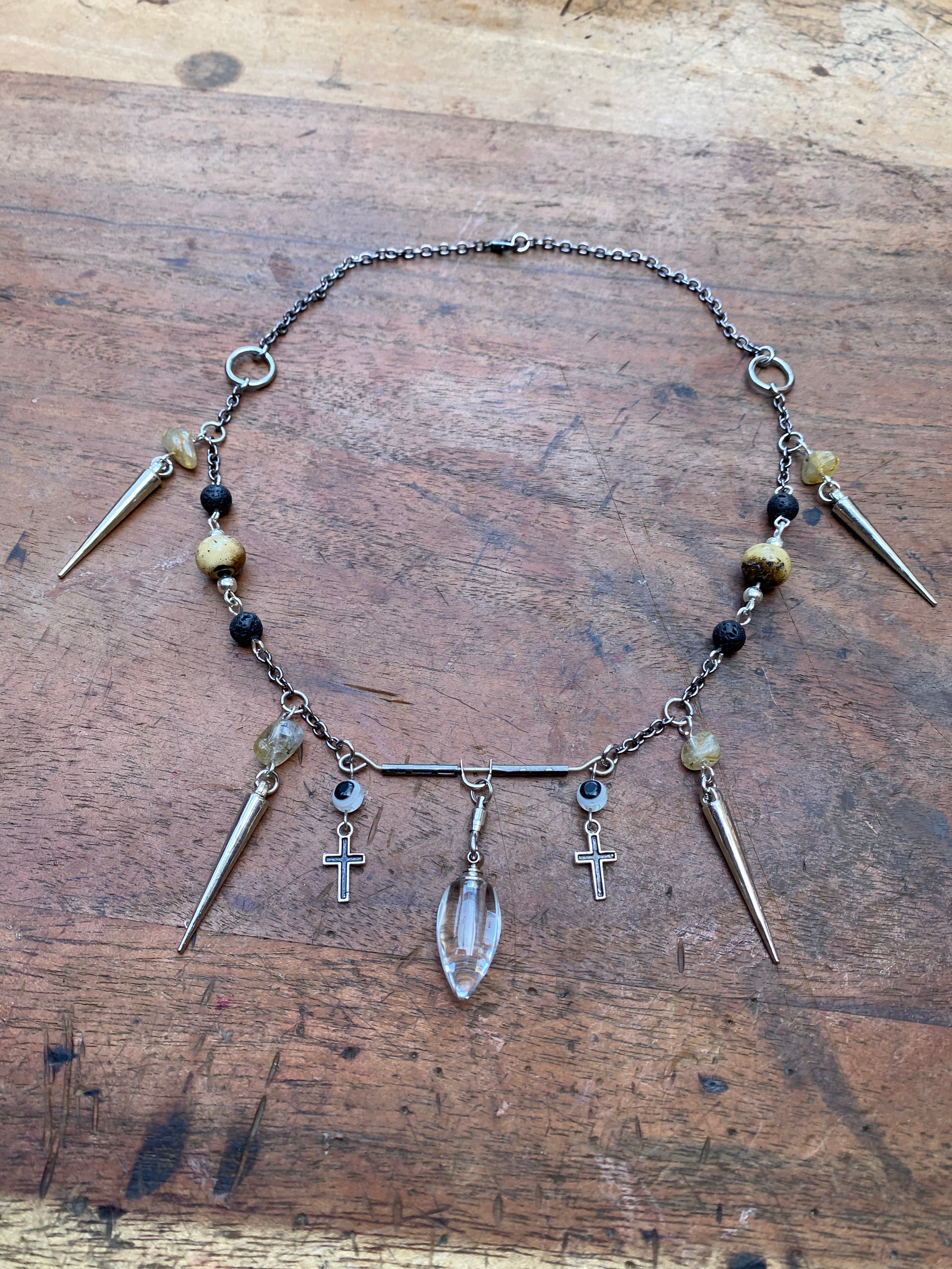 Openable Glass Vial with Gold Rutilated Quartz and Volcanic Rock Necklace