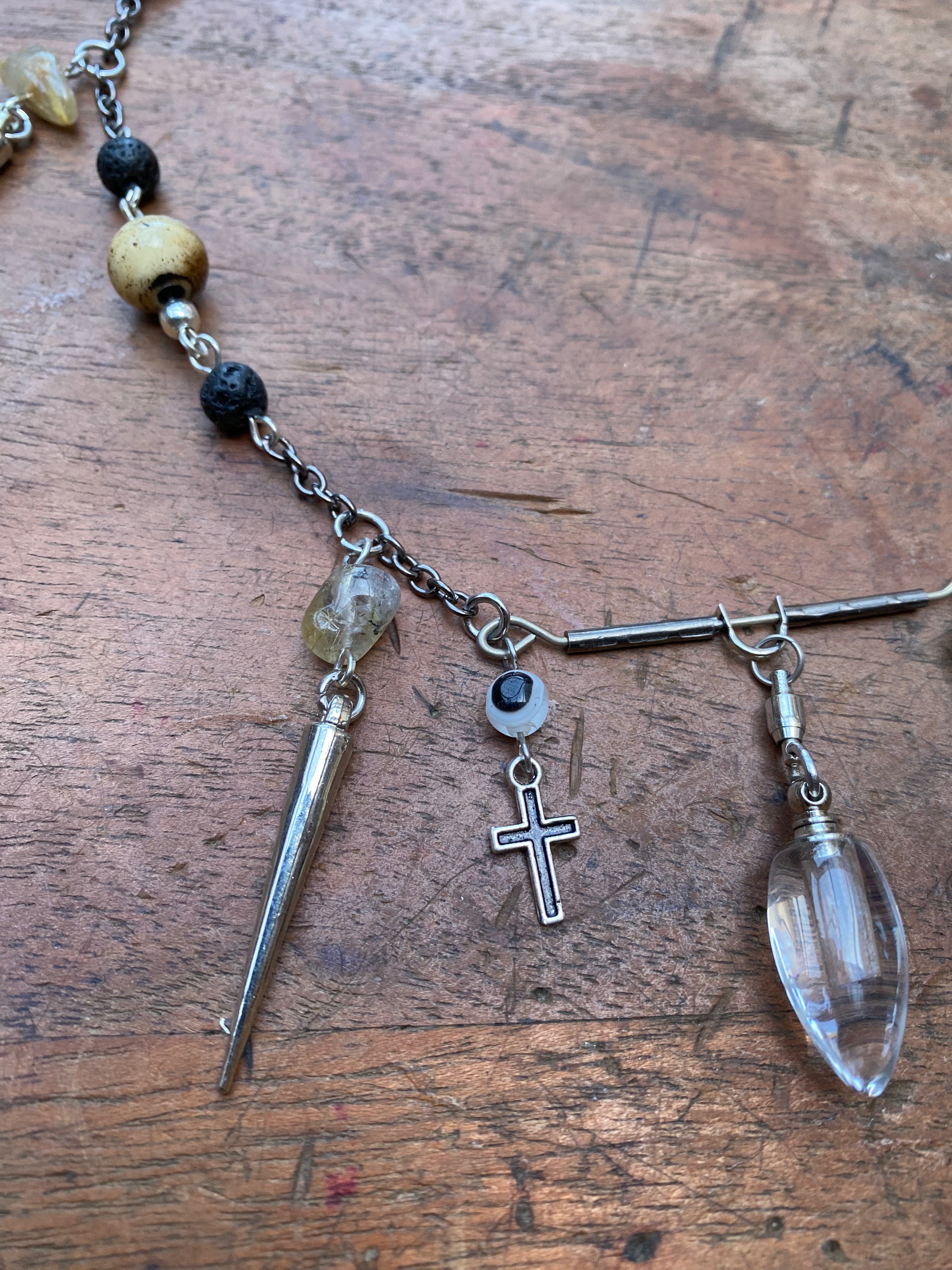 Openable Glass Vial with Gold Rutilated Quartz and Volcanic Rock Necklace