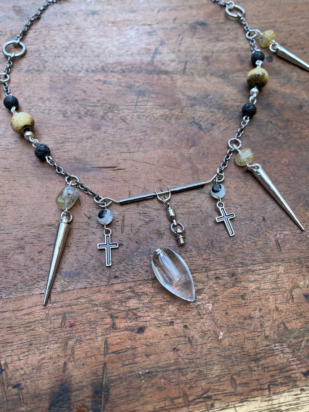 Openable Glass Vial with Gold Rutilated Quartz and Volcanic Rock Necklace