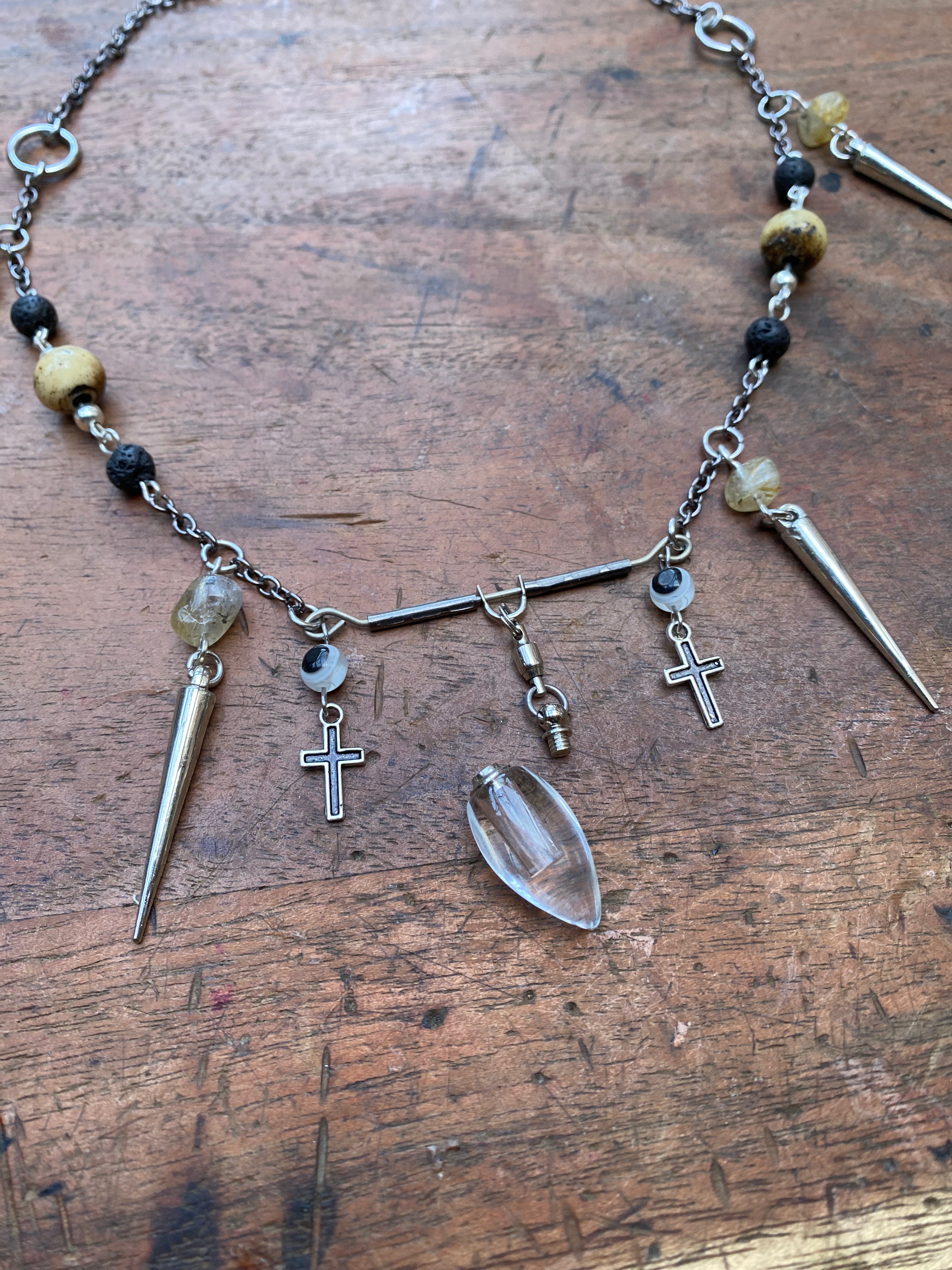 Openable Glass Vial with Gold Rutilated Quartz and Volcanic Rock Necklace