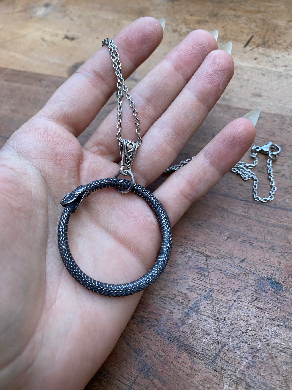 Stainless Steel Ouroboros Snake Pendant Necklace