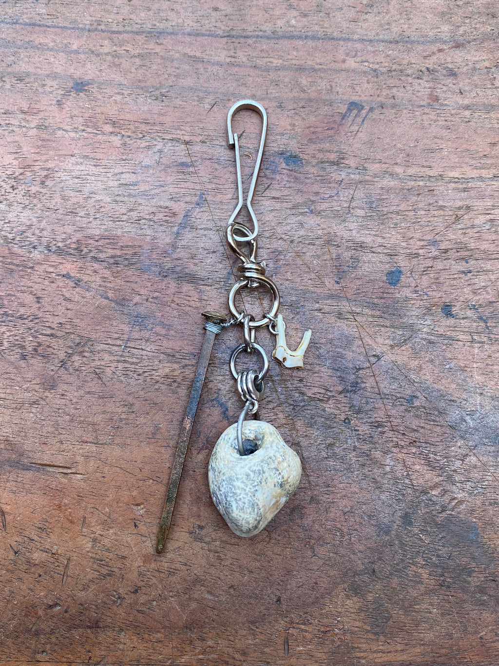 Mudlarked Hag Stone, Nail and Deer Tooth Keychain