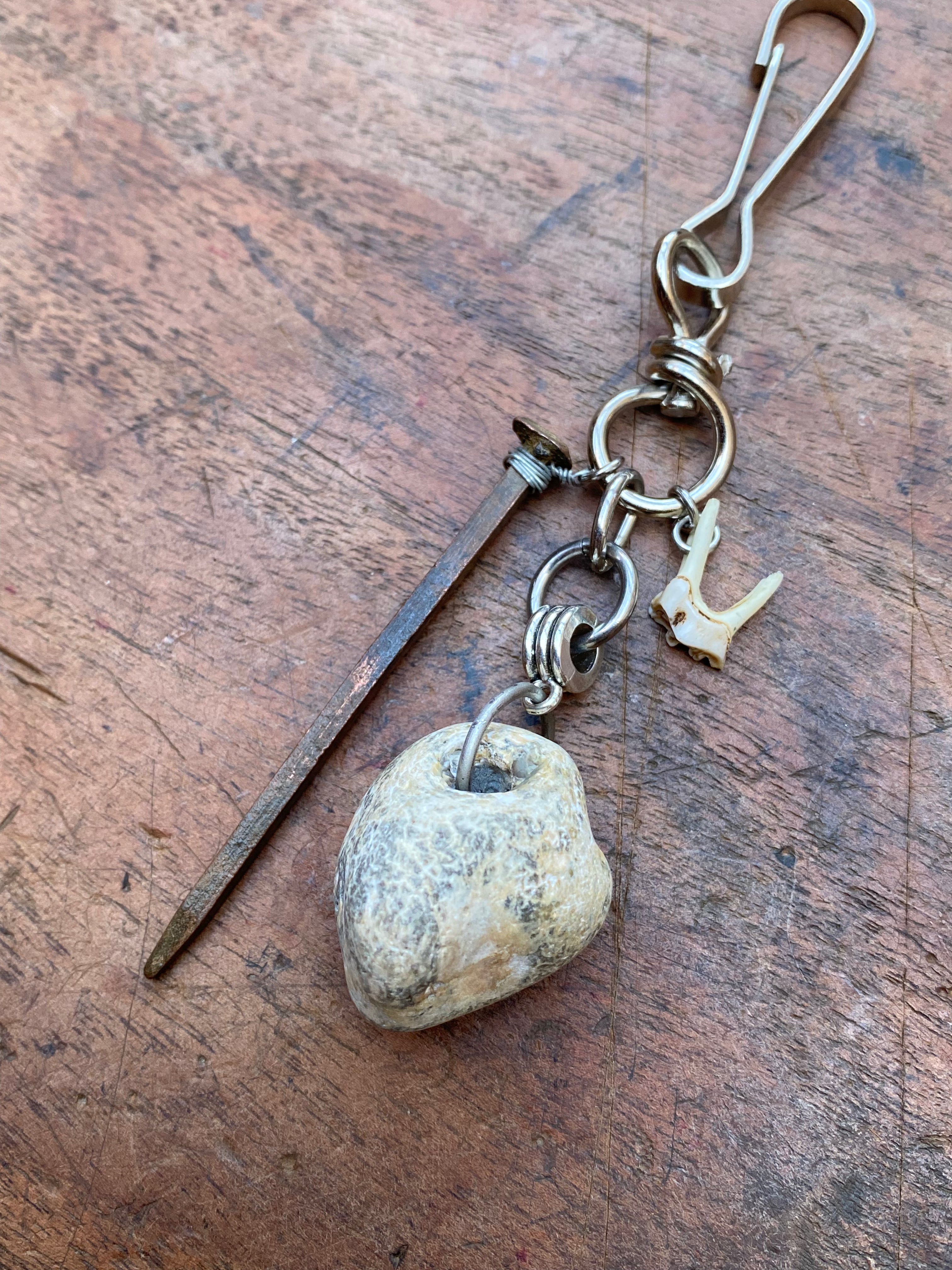 Mudlarked Hag Stone, Nail and Deer Tooth Keychain