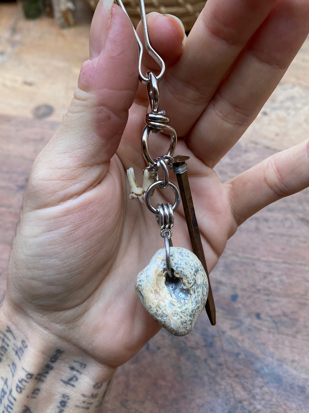 Mudlarked Hag Stone, Nail and Deer Tooth Keychain