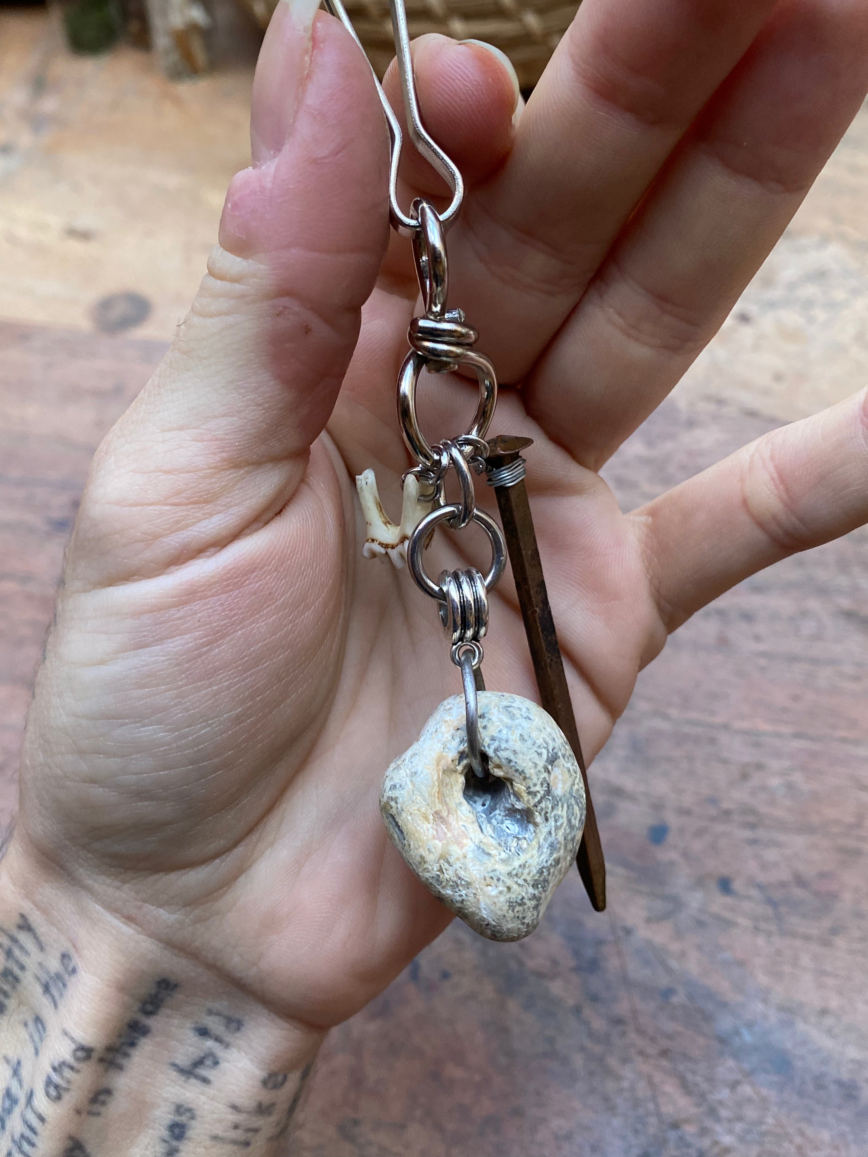 Mudlarked Hag Stone, Nail and Deer Tooth Keychain