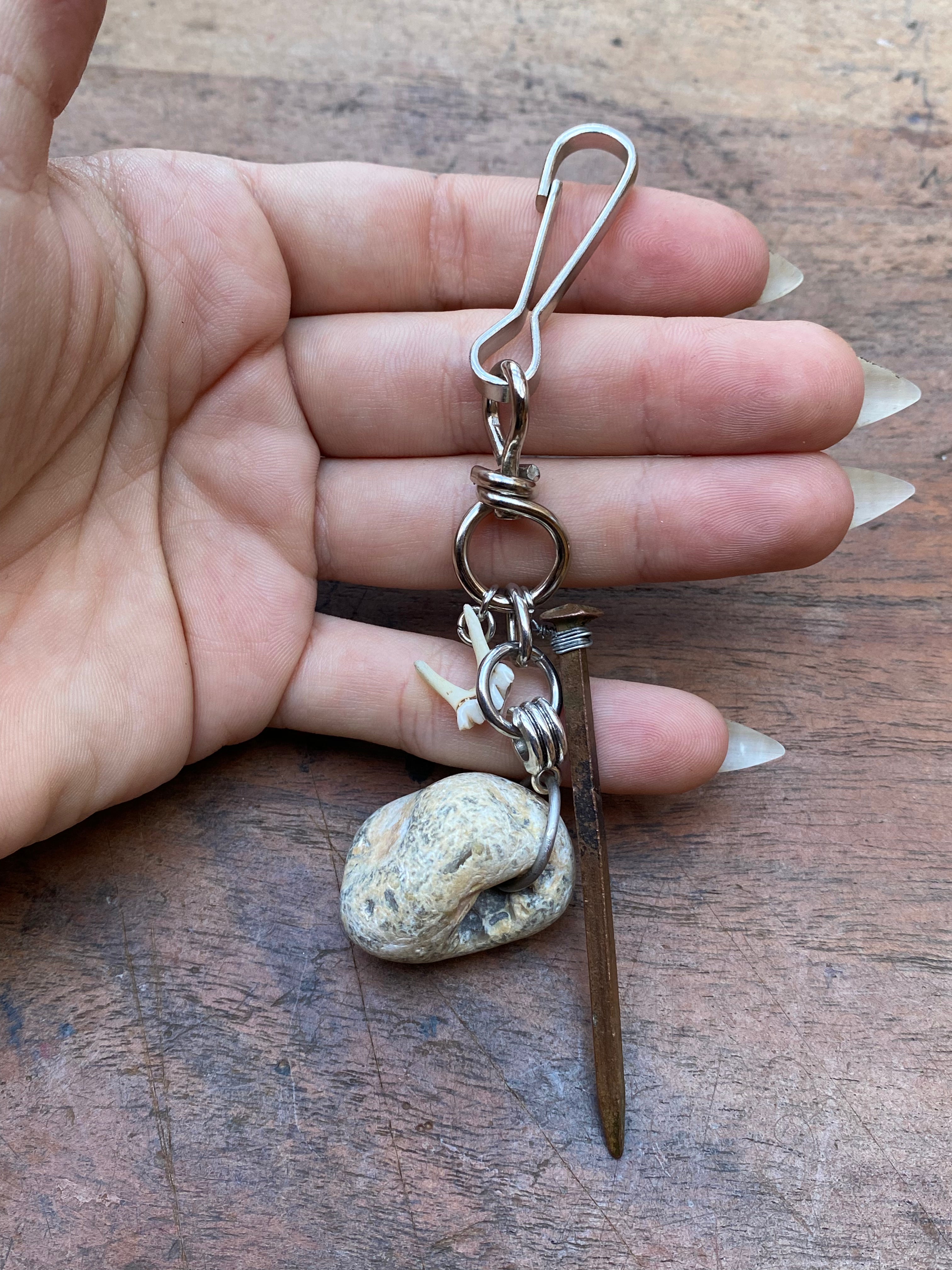 Mudlarked Hag Stone, Nail and Deer Tooth Keychain