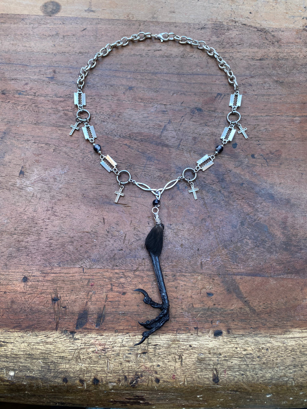 Crow Foot, Razor Blades and Cracked Glass Beads Necklace