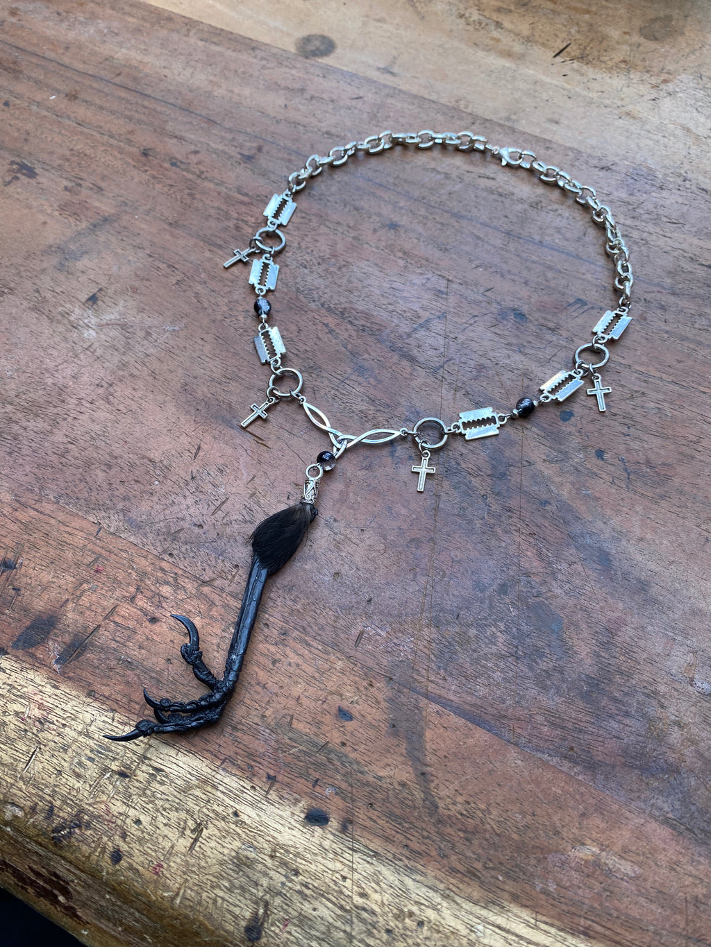 Crow Foot, Razor Blades and Cracked Glass Beads Necklace