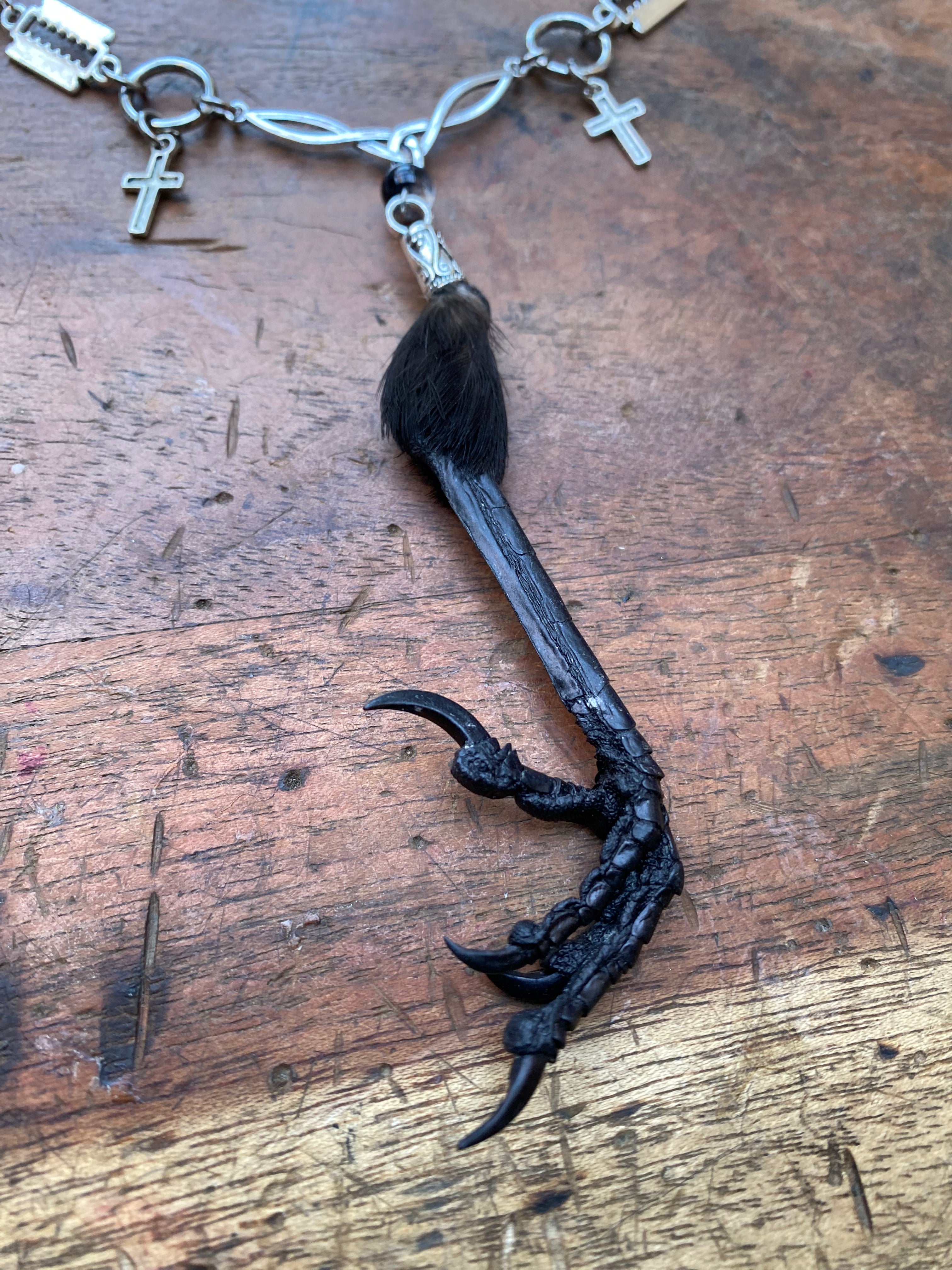 Crow Foot, Razor Blades and Cracked Glass Beads Necklace