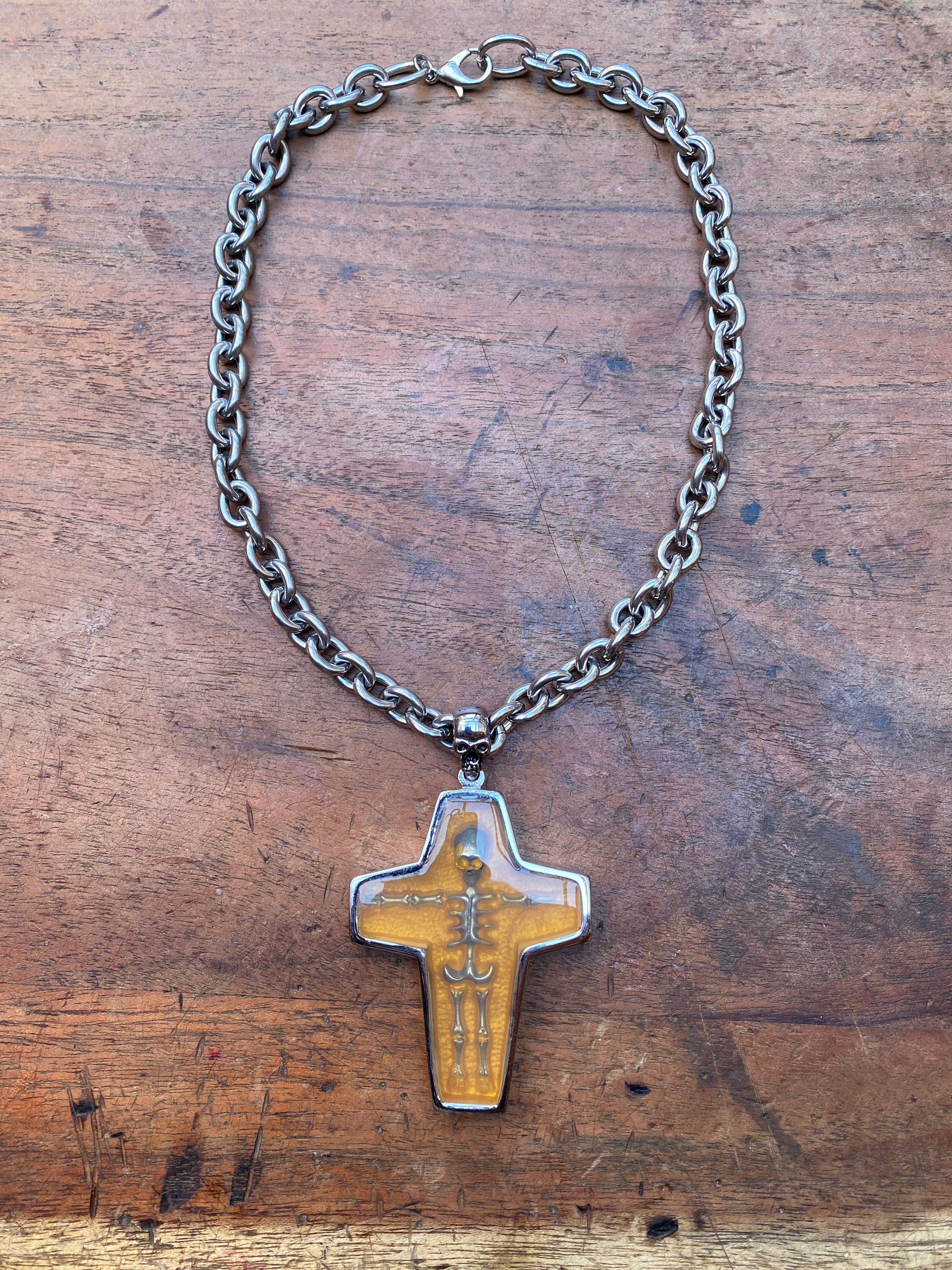 Large Skeleton Cross on a Chunky Steel Chain