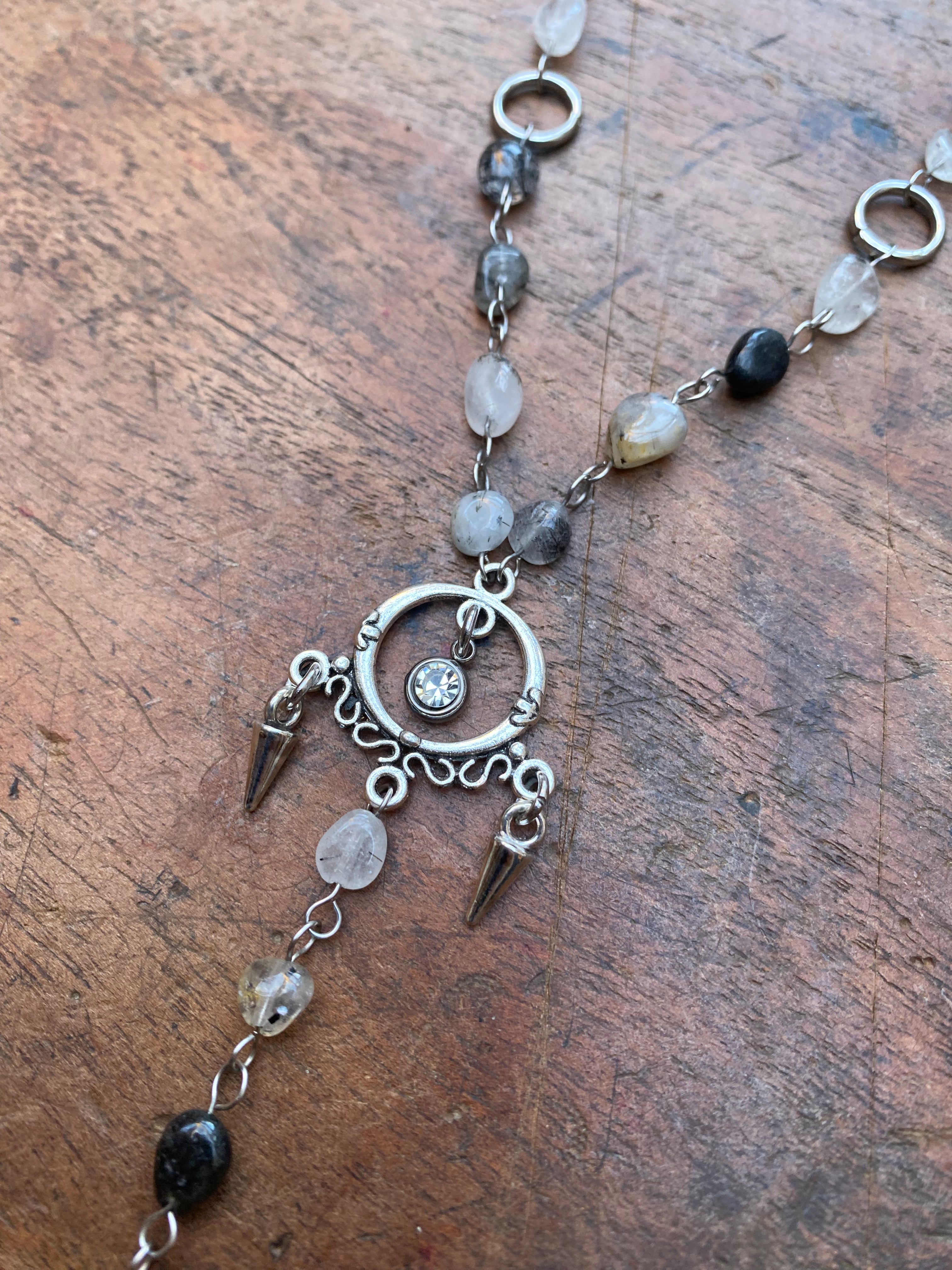 Rutilated Quartz and Black Cross Rosary Necklace
