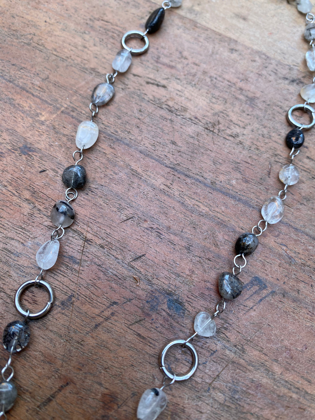 Rutilated Quartz and Black Cross Rosary Necklace