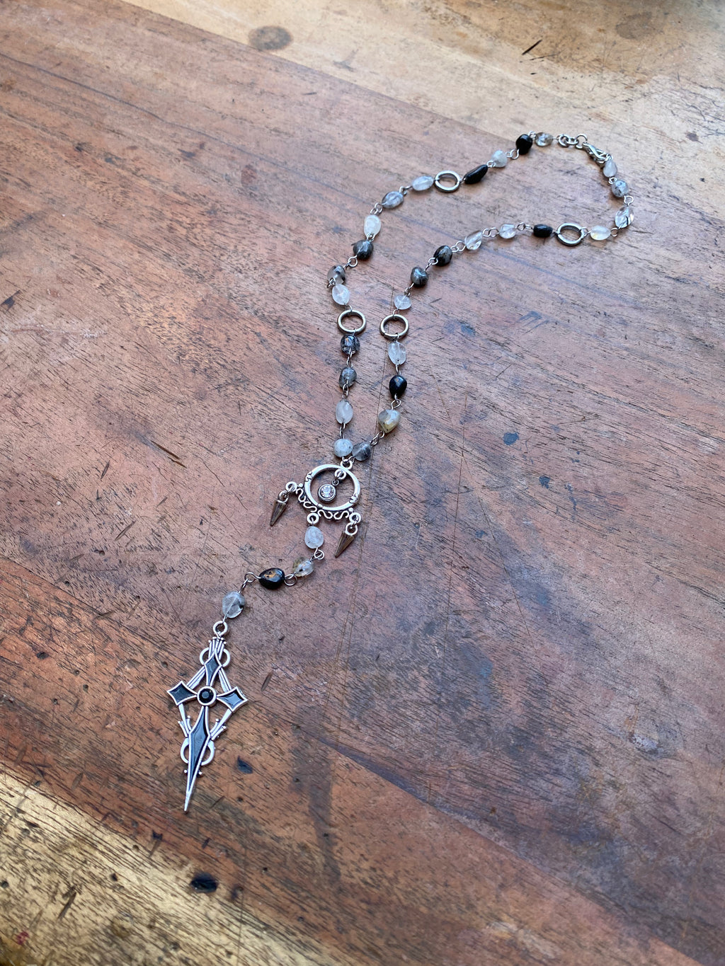 Rutilated Quartz and Black Cross Rosary Necklace