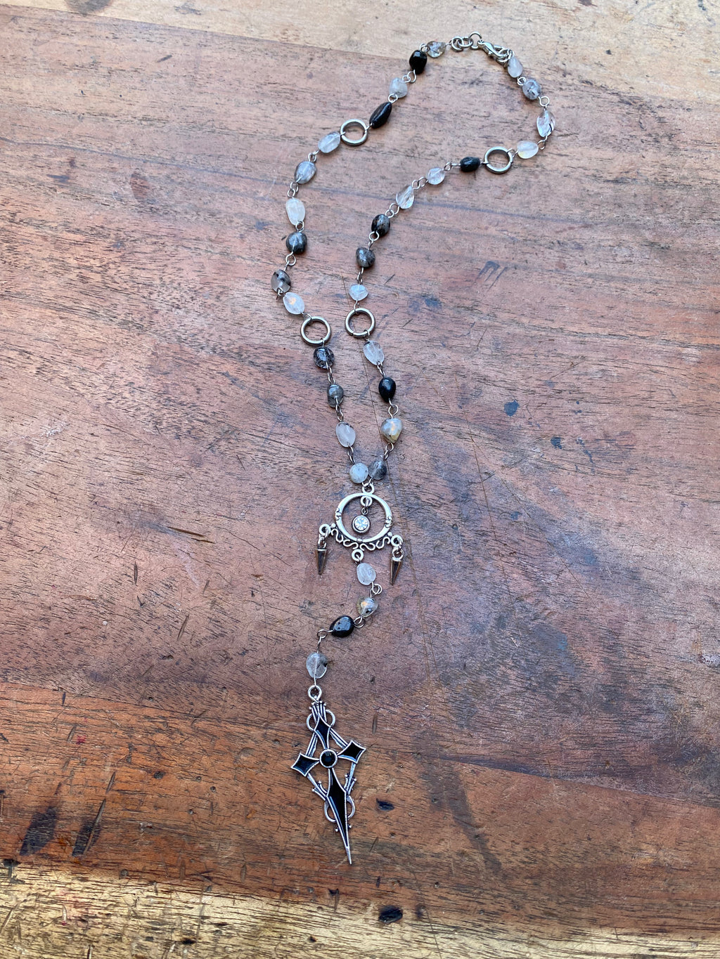 Rutilated Quartz and Black Cross Rosary Necklace